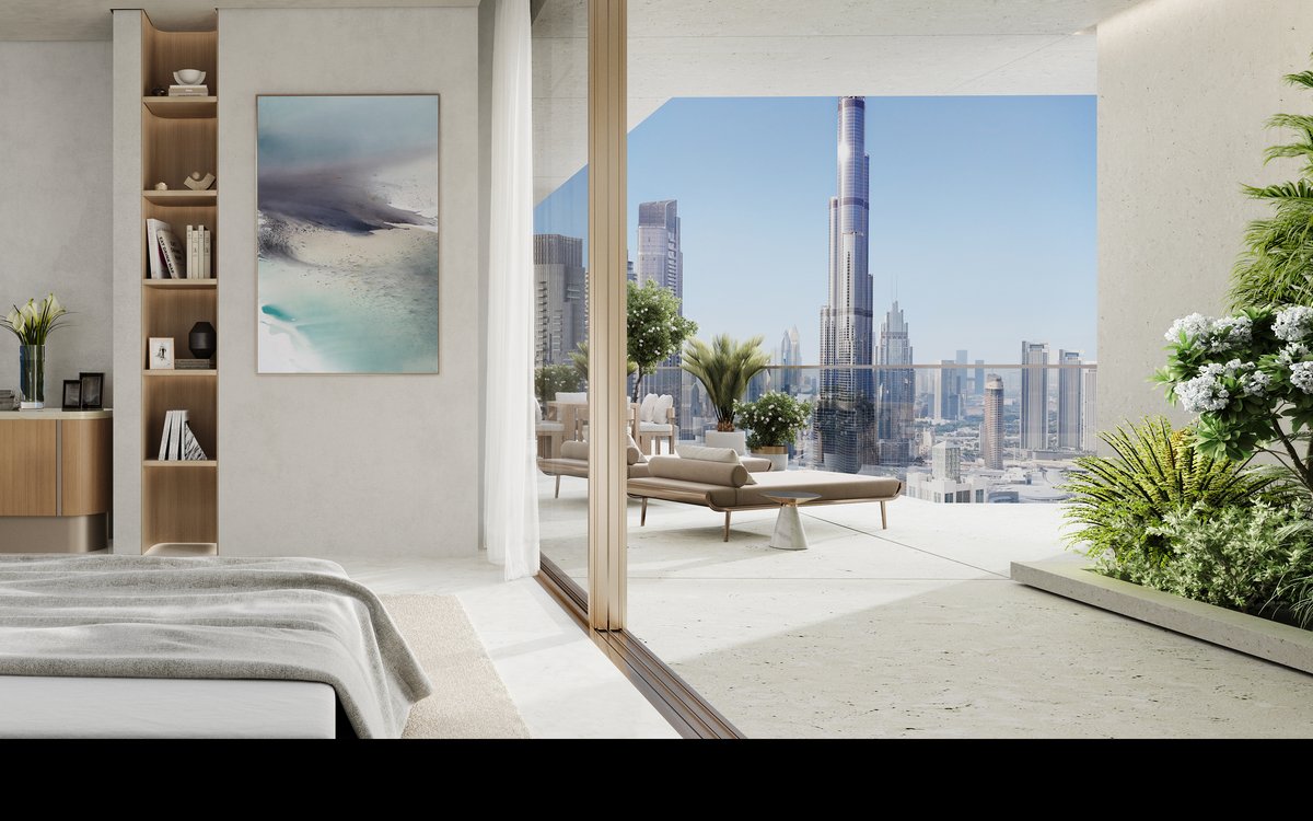 Fairmont Residences Solara Tower, Schlafzimmer mit Blick auf den Burj Khalifa