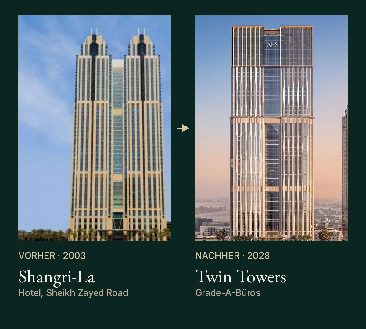 Vorher und nachher: das Shangri-La Hotel von 2003 und die AHS Twin Towers ab Juni 2028