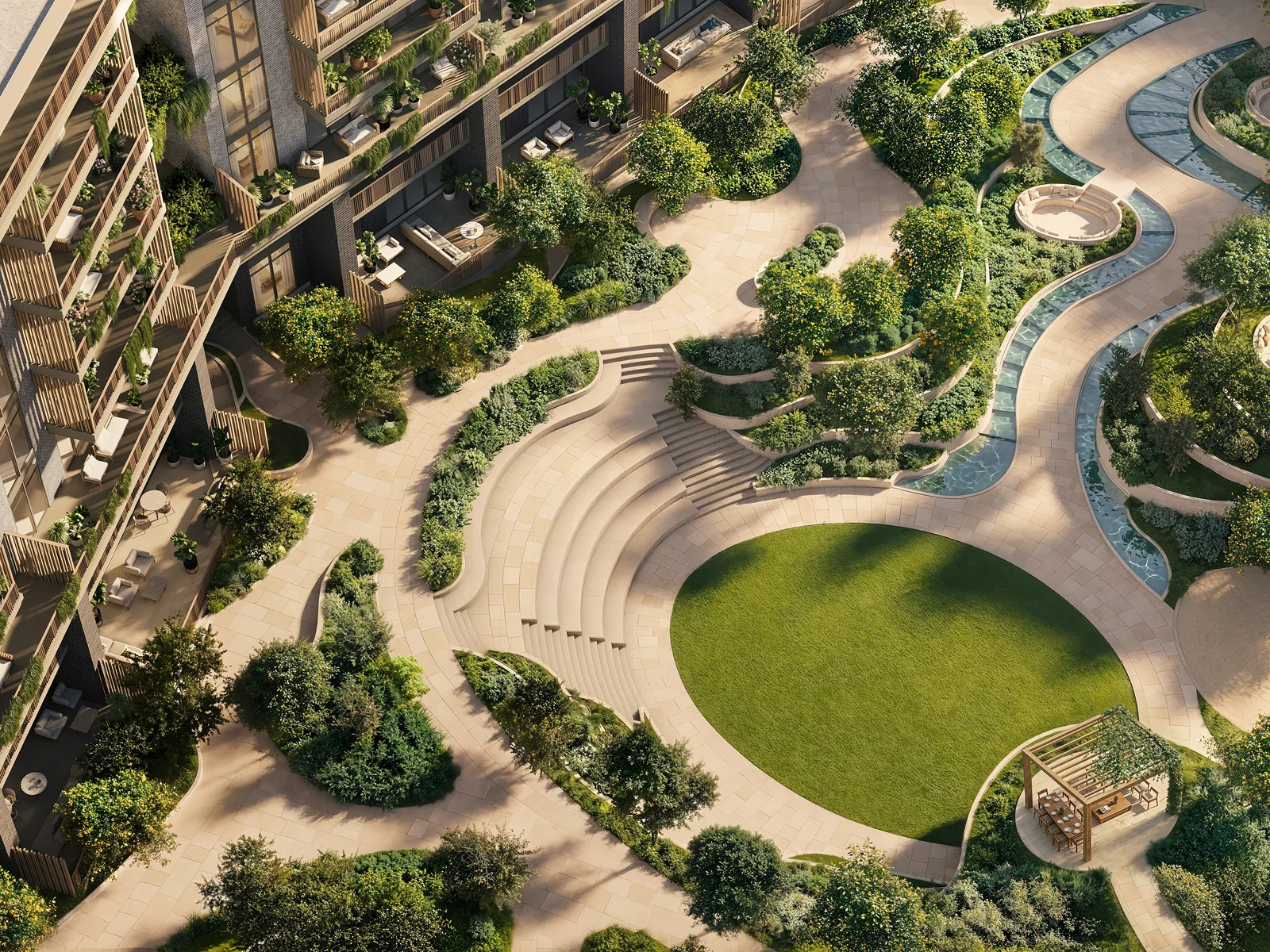 Arancia Yards, green sunken courtyard with water feature and Green Spine