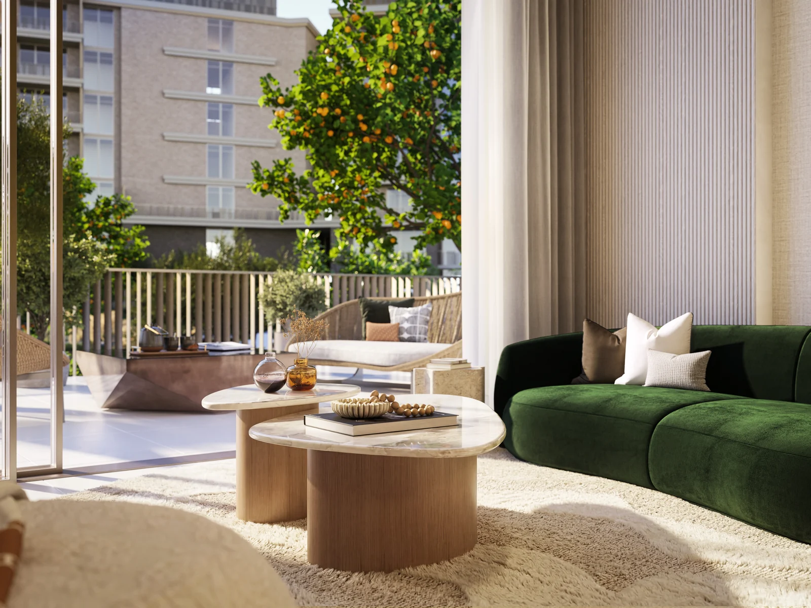 Arancia Yards, living area with views into the greenery