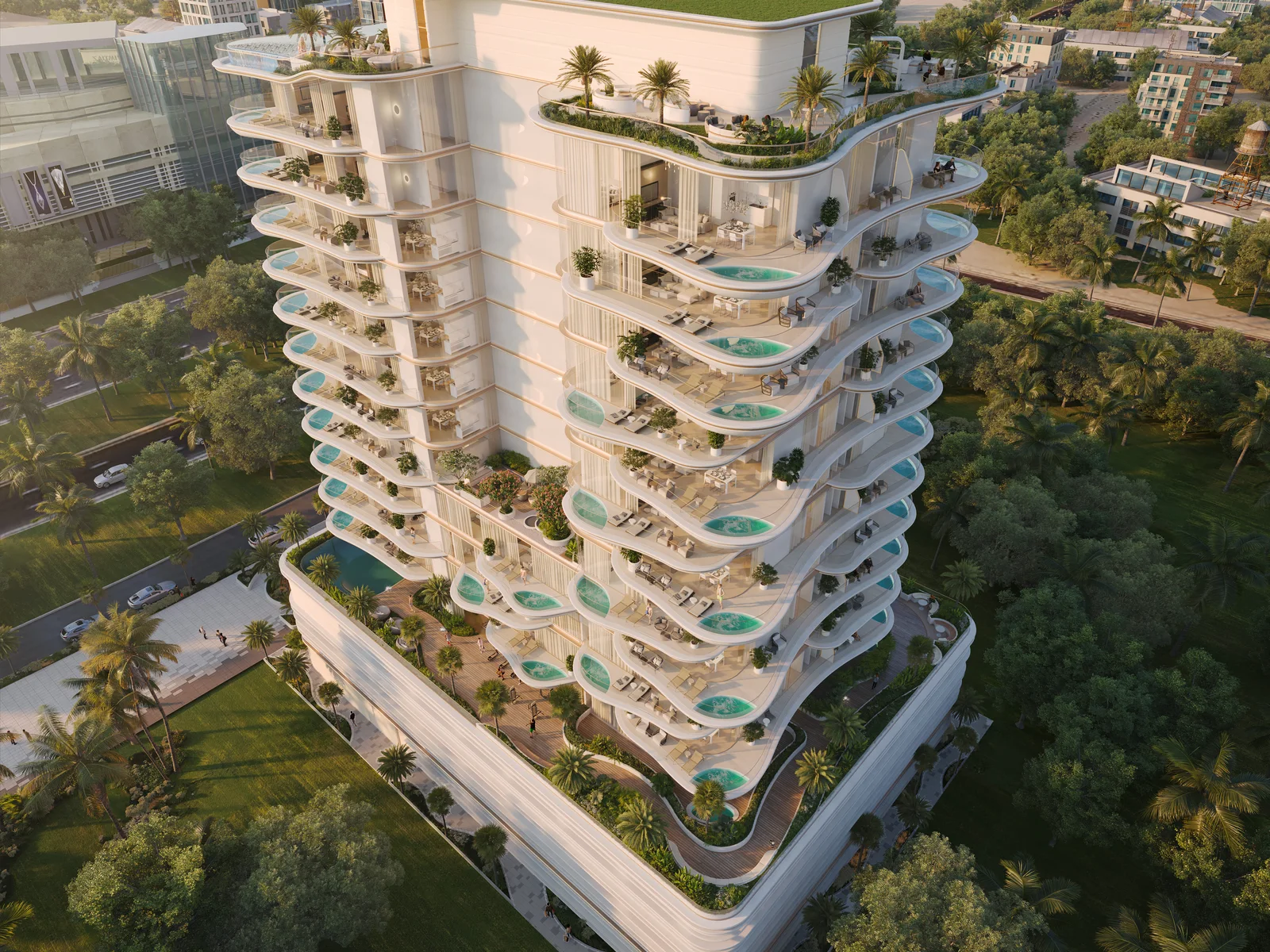 Beach Walk Residence 2 by Imtiaz, Luftaufnahme im gr&uuml;nen Insel-Kontext auf Dubai Islands