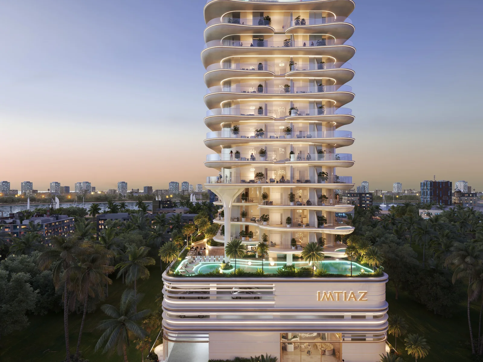 Beach Walk Residence 2 by Imtiaz, beleuchteter Turm in der D&auml;mmerung
