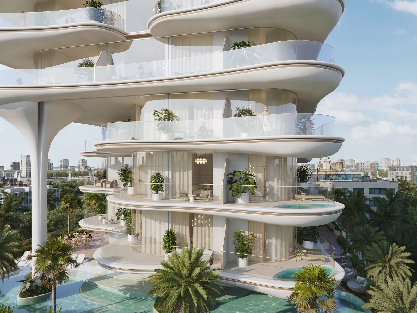 Beach Walk Residence 2 by Imtiaz, geschwungene Fassade mit Balkon-Plunge-Pools an der Lagune