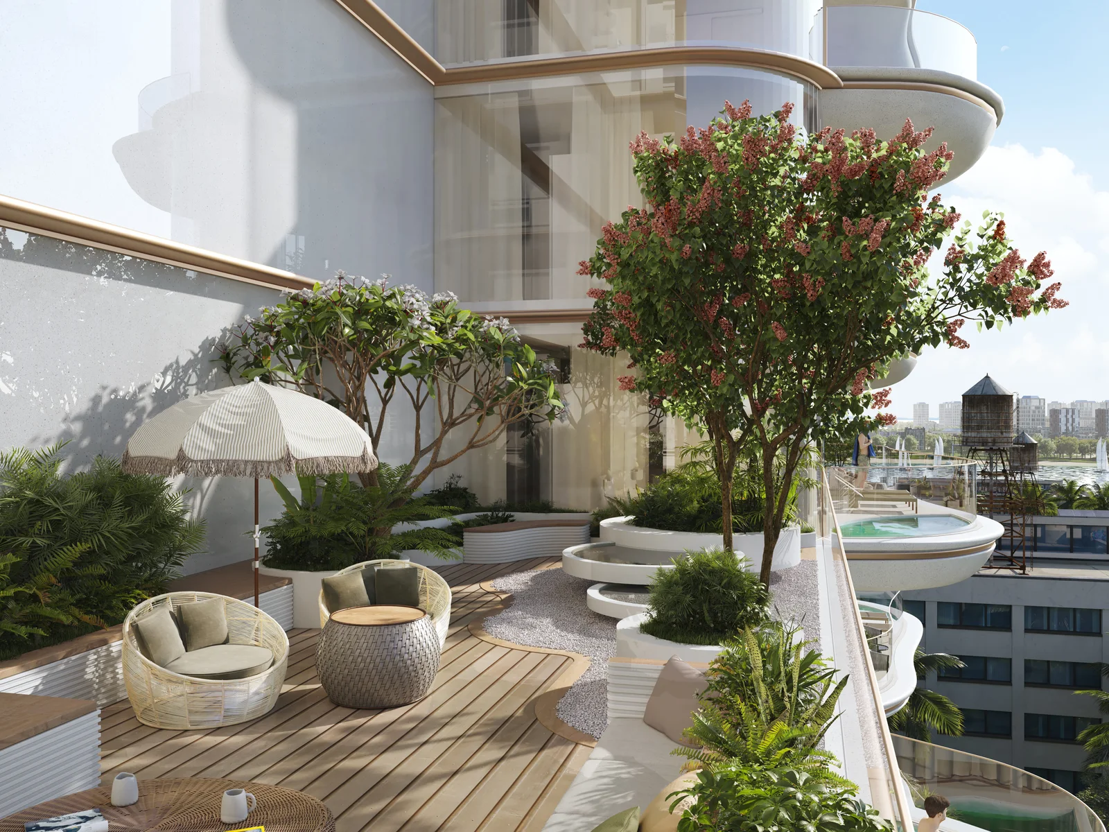 Beach Walk Residence 2 by Imtiaz, Terrassen-Lounge mit Baum und Sitzbereich