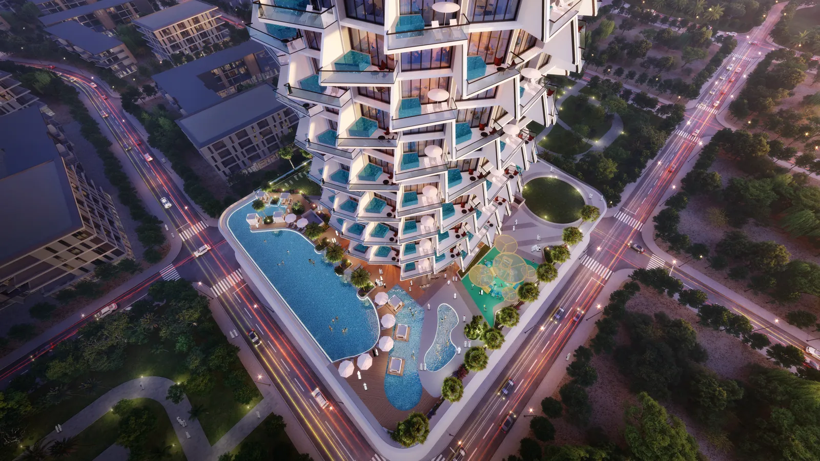 Binghatti Royale, pool deck and tower from above