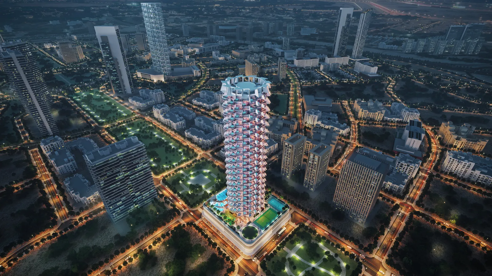 Binghatti Royale, tower in Jumeirah Village Circle at dusk