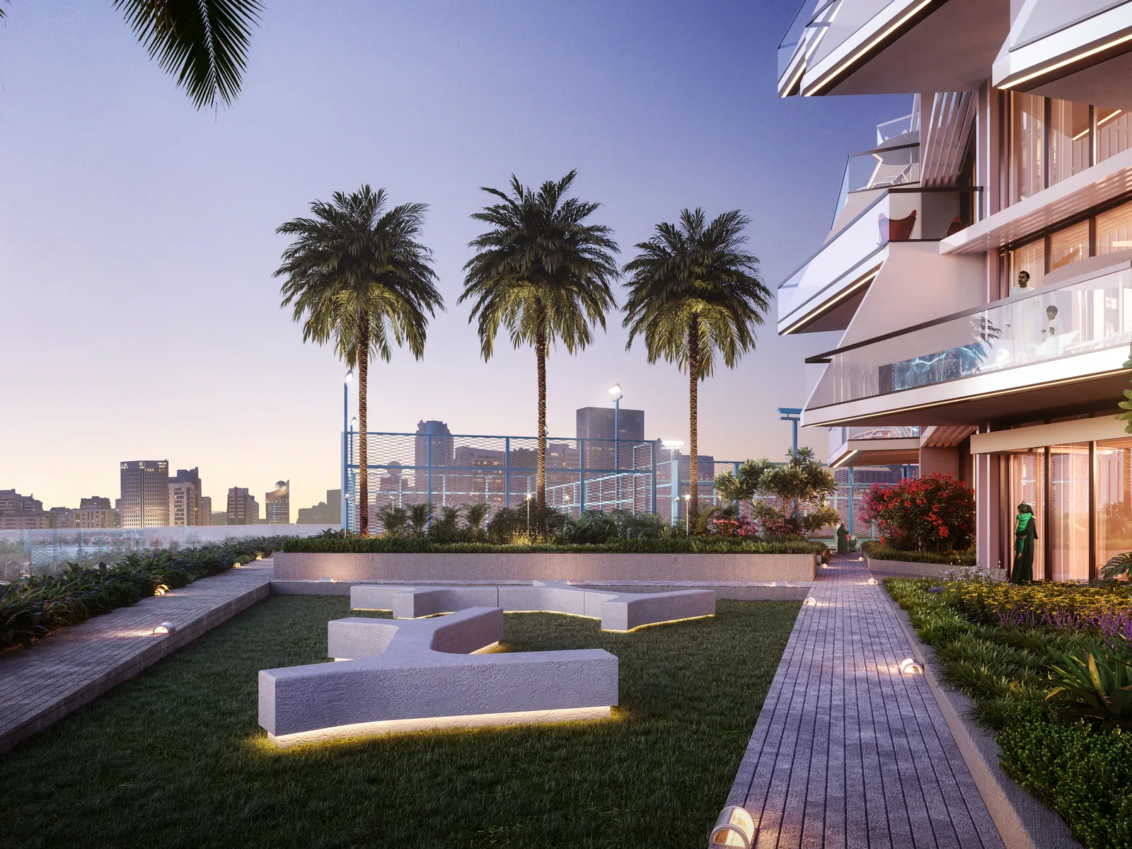 Binghatti Royale, garden area with palms
