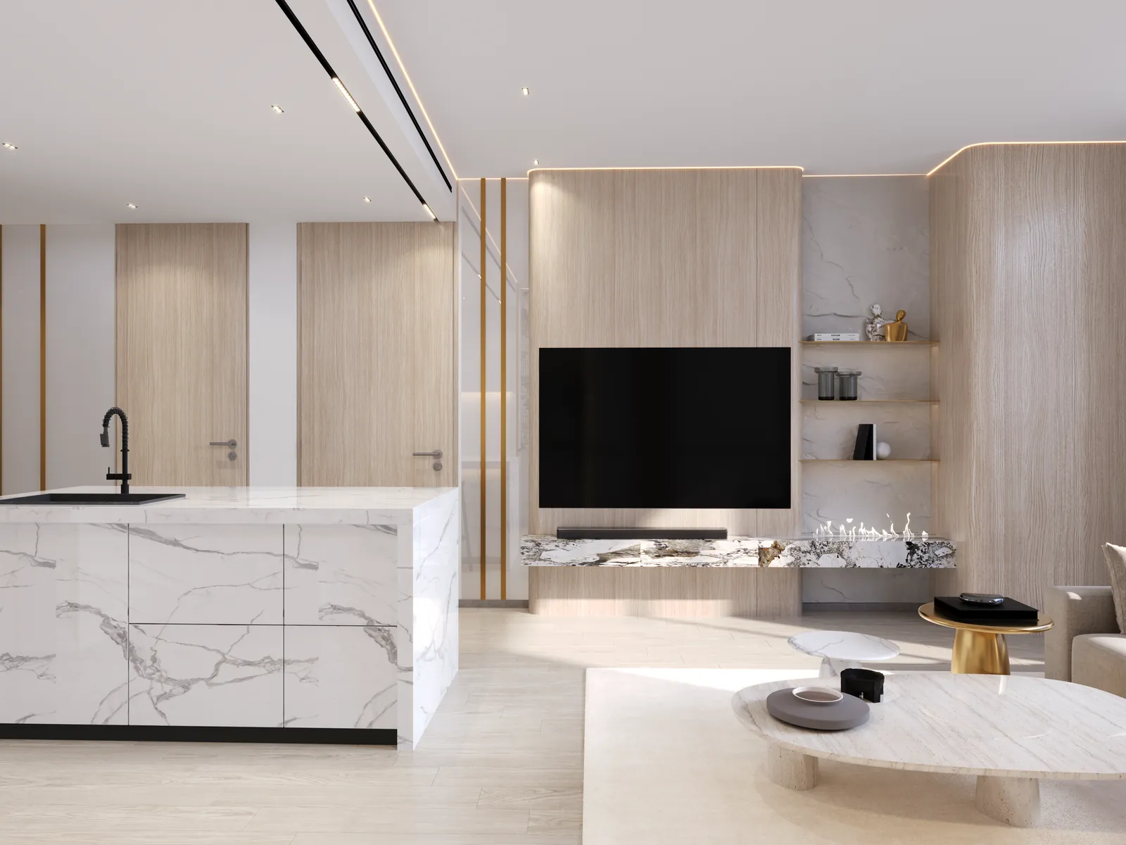 Binghatti Royale, living area with kitchen island