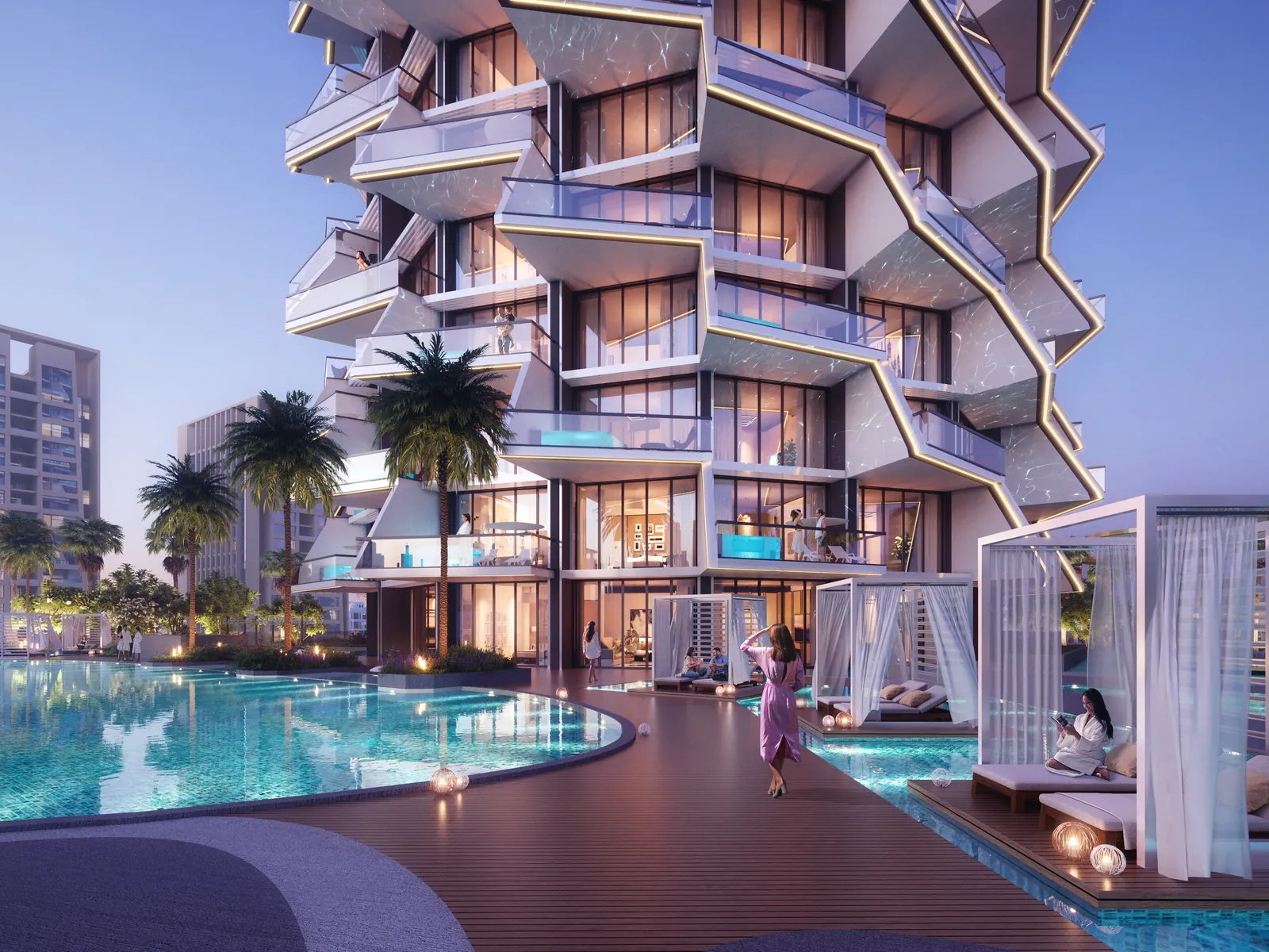 Binghatti Royale, pool deck with cabanas