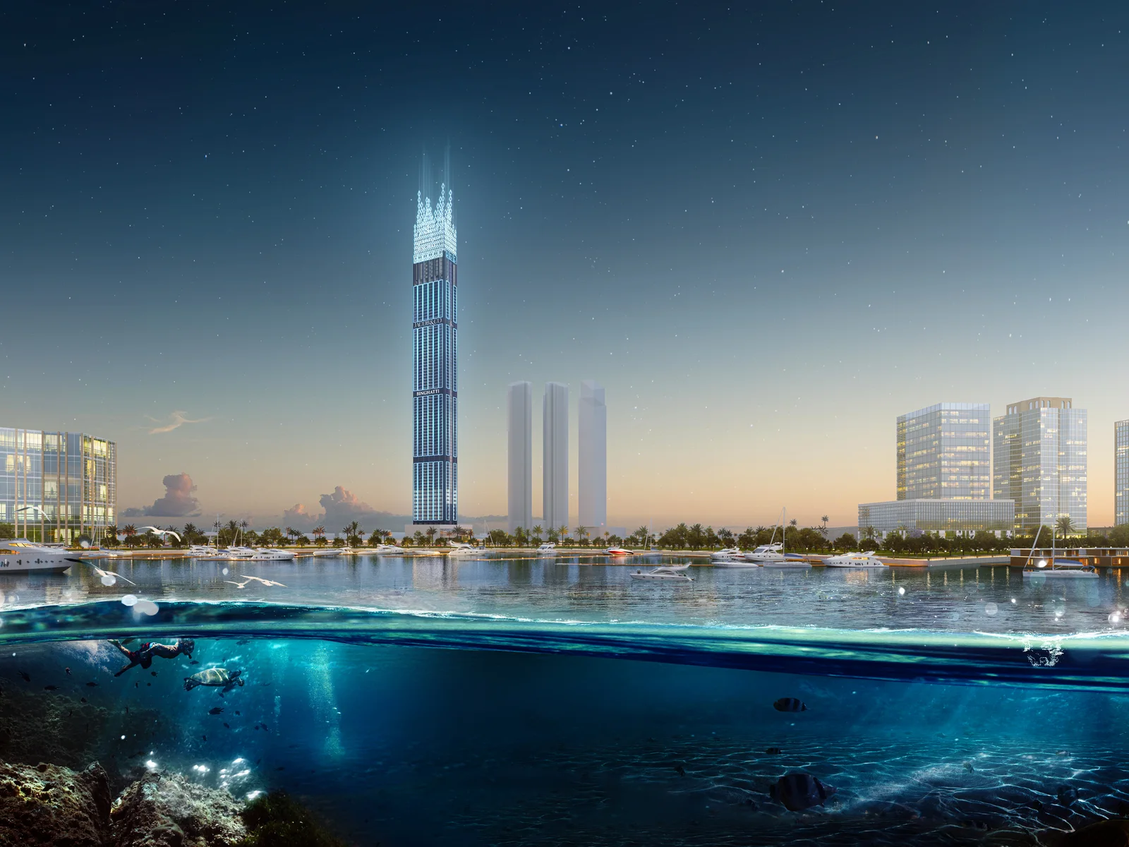 Burj Binghatti Jacob & Co, beleuchtete Krone des Hypertowers bei Nacht