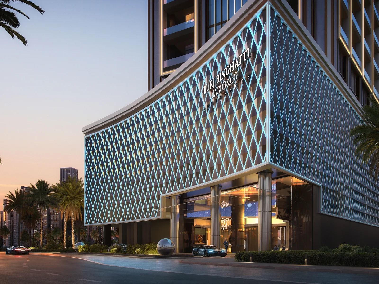 Burj Binghatti Jacob & Co, Fassade und Podium in Business Bay