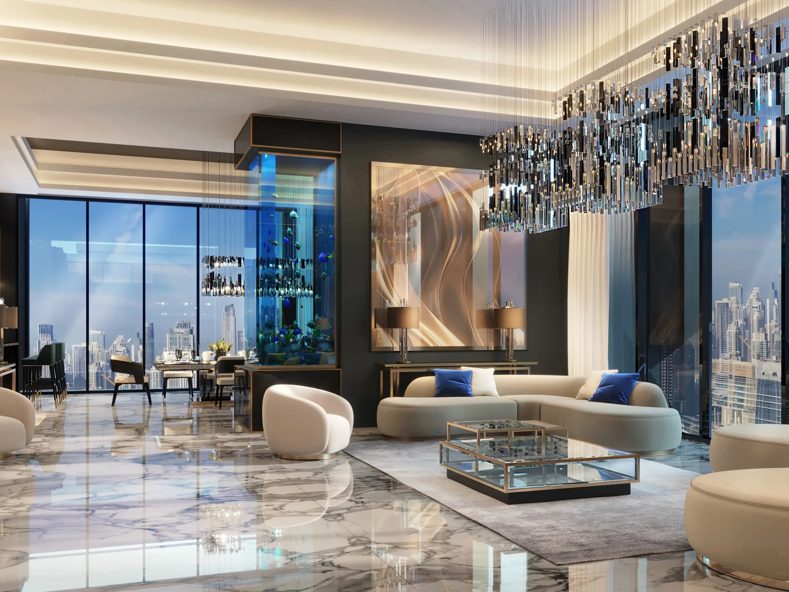Burj Binghatti Jacob & Co, Wohnbereich eines Sky-Penthouse mit Skyline-Blick