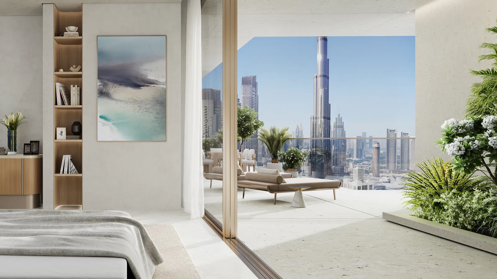 Schlafzimmer mit Terrasse und Burj-Khalifa-Blick