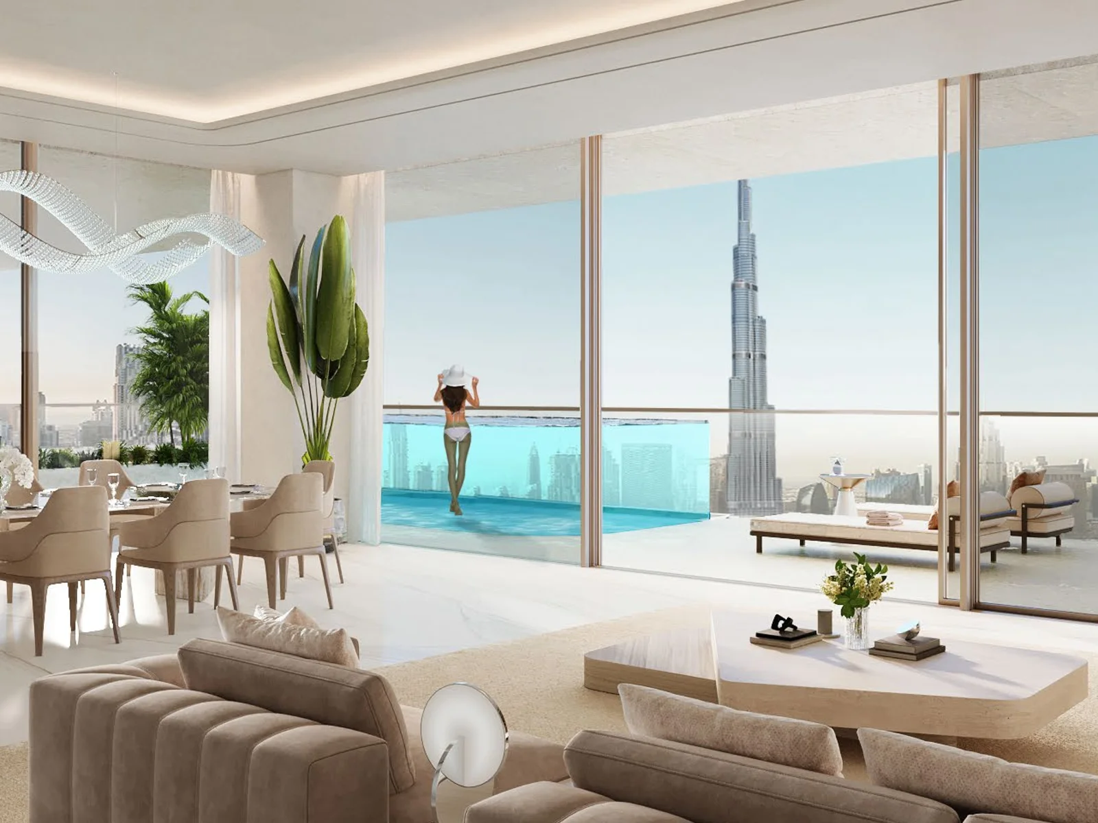 Fairmont Residences Solara Tower, 4-Schlafzimmer-Wohnzimmer mit Skyline- und Poolblick
