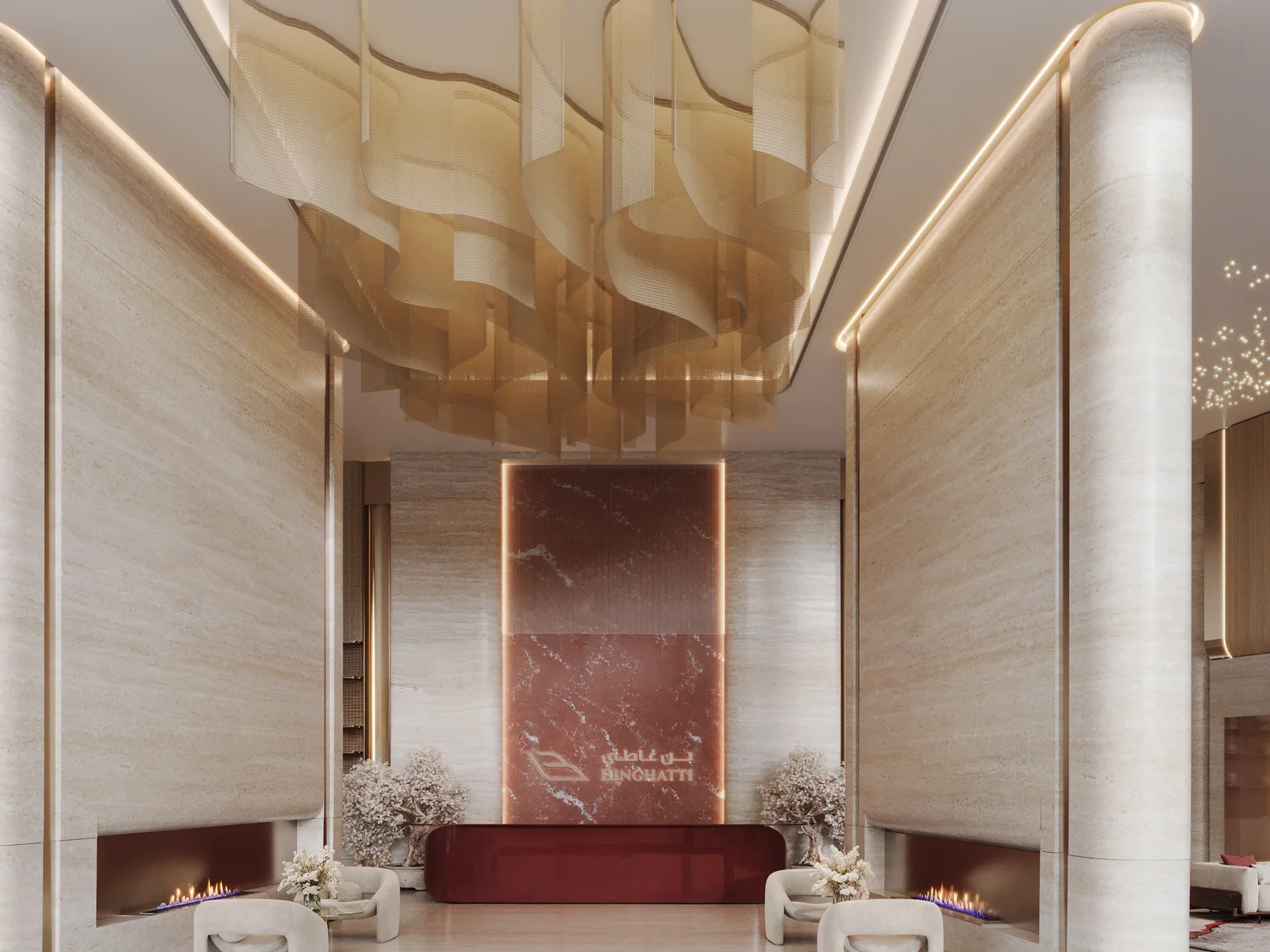 Binghatti Flare, gro&szlig;z&uuml;gige Lobby mit S&auml;ulen und Gold-Decke