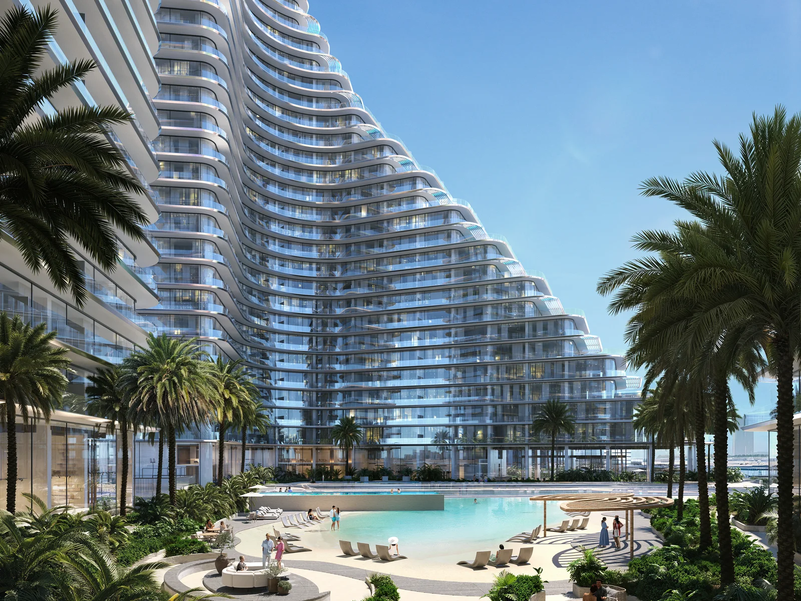 Binghatti Flare, Pool-Deck mit Lagune und geschwungener Fassade
