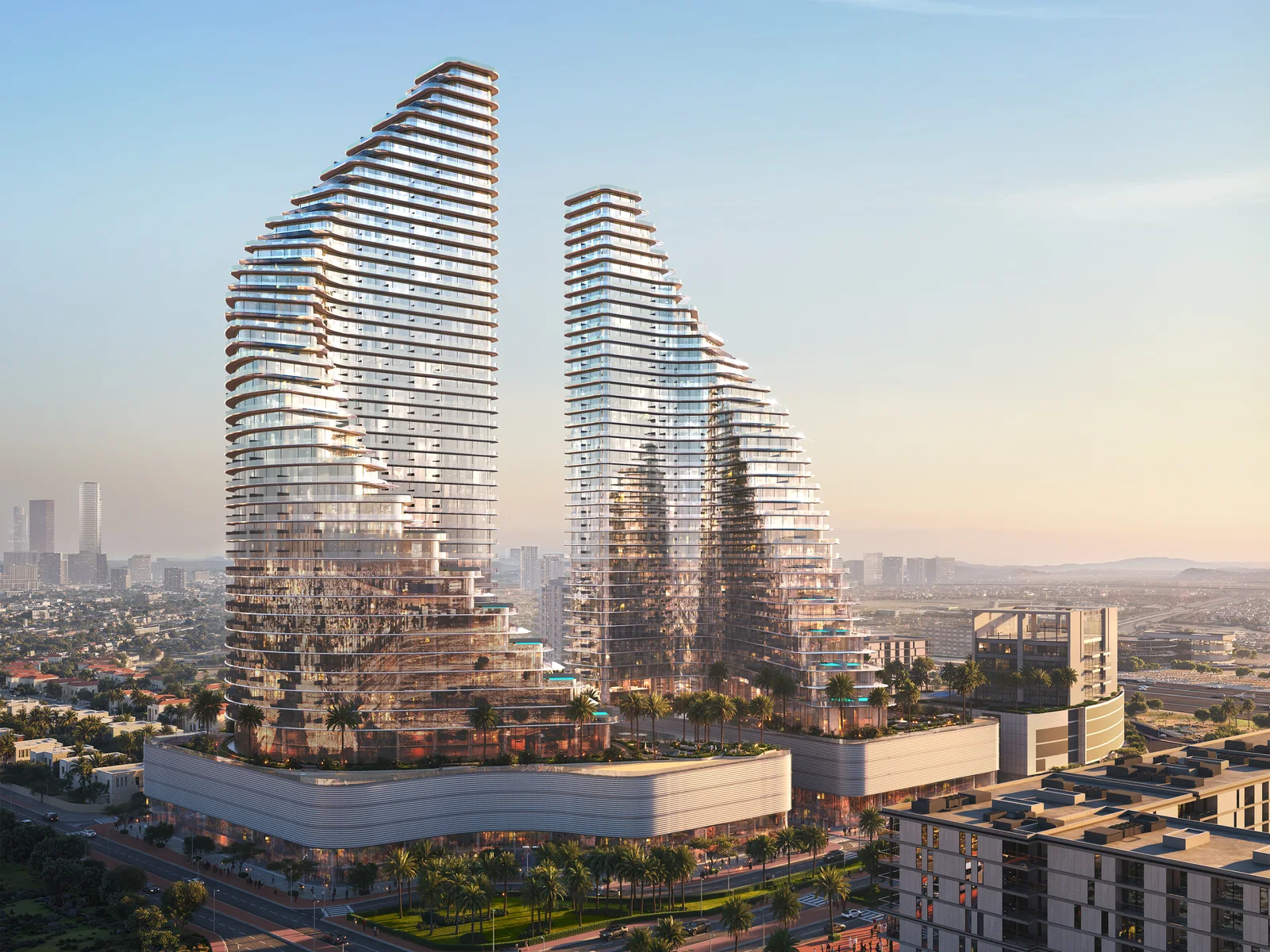 Binghatti Flare, T&uuml;rme mit Skyline in Jumeirah Village Triangle bei Tag