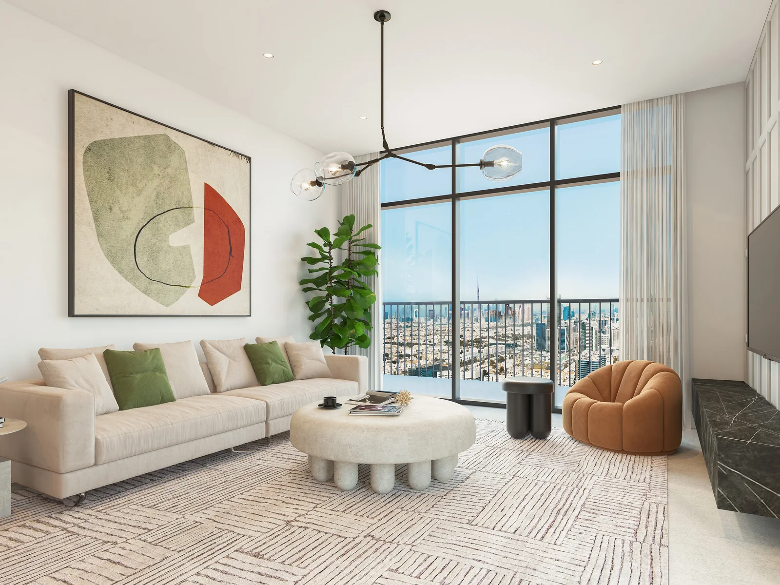 Hadley Heights, living area with porcelain floor tiles and LED downlights