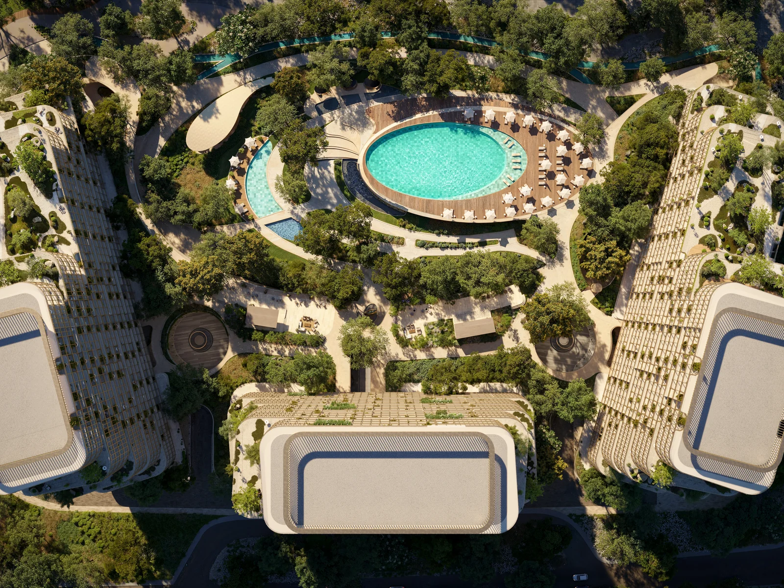 Hado, aerial view of the Siora masterplan on Dubai Islands with pools and towers