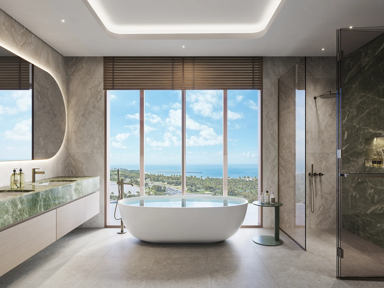 Hado, master bathroom with freestanding tub and sea view
