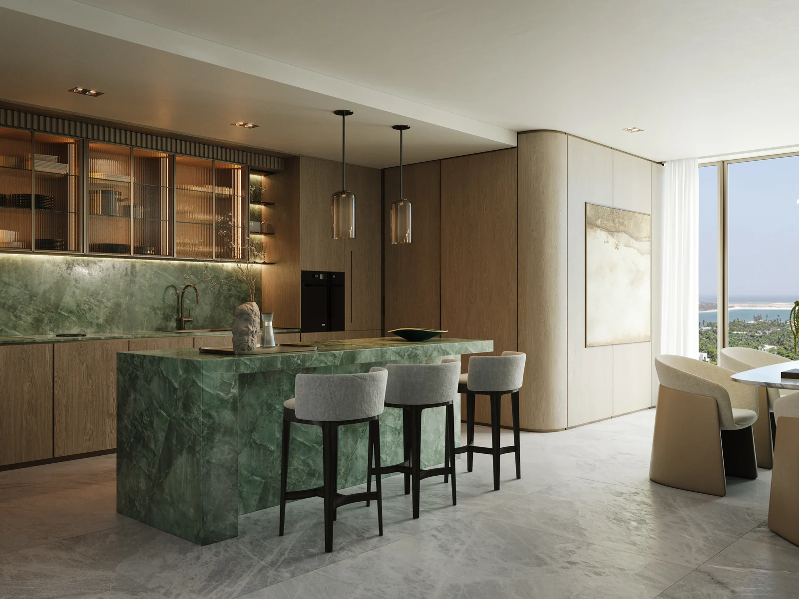 Hado, kitchen with green marble island