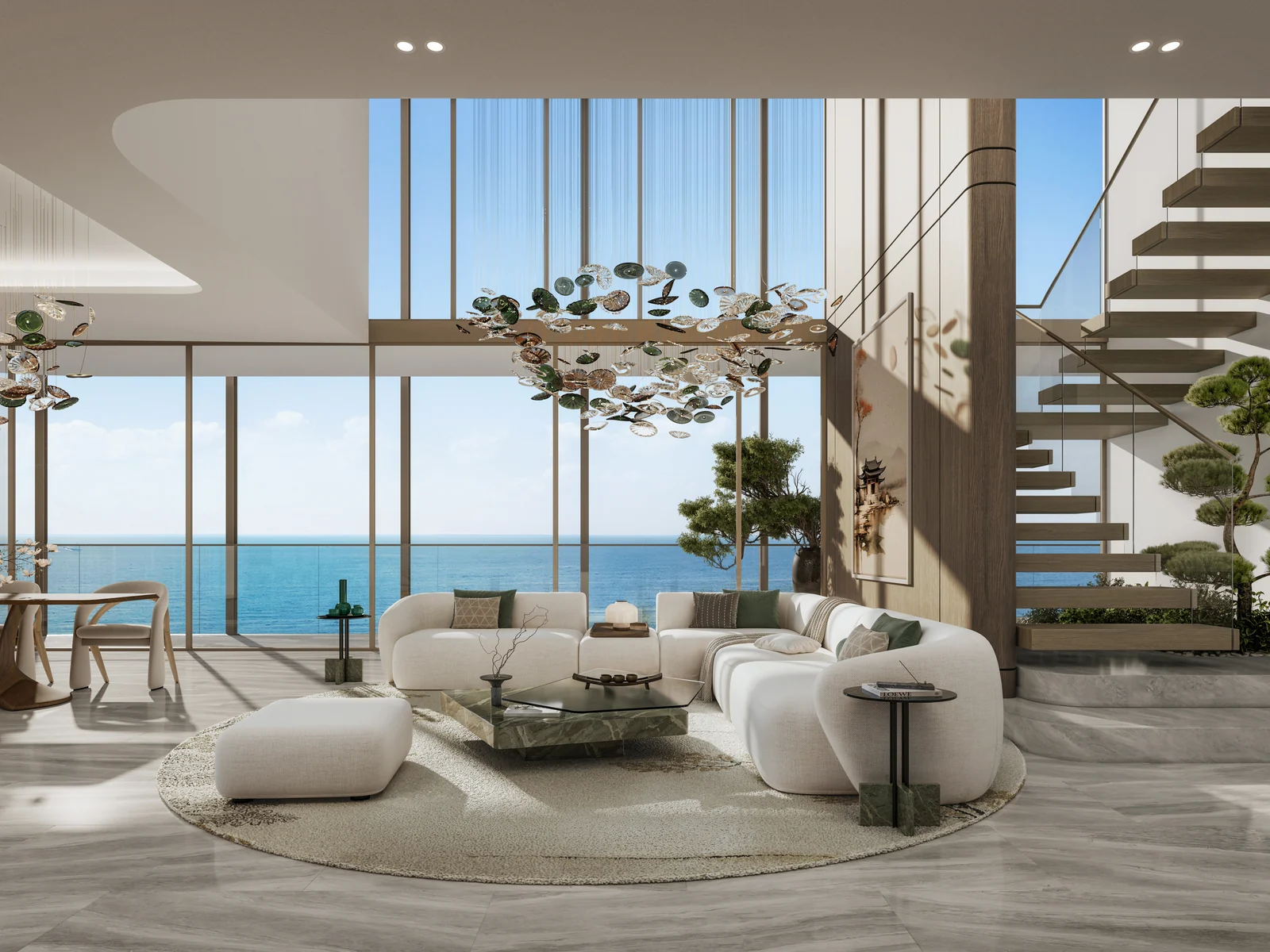 Hado, double-height duplex living area with sea view