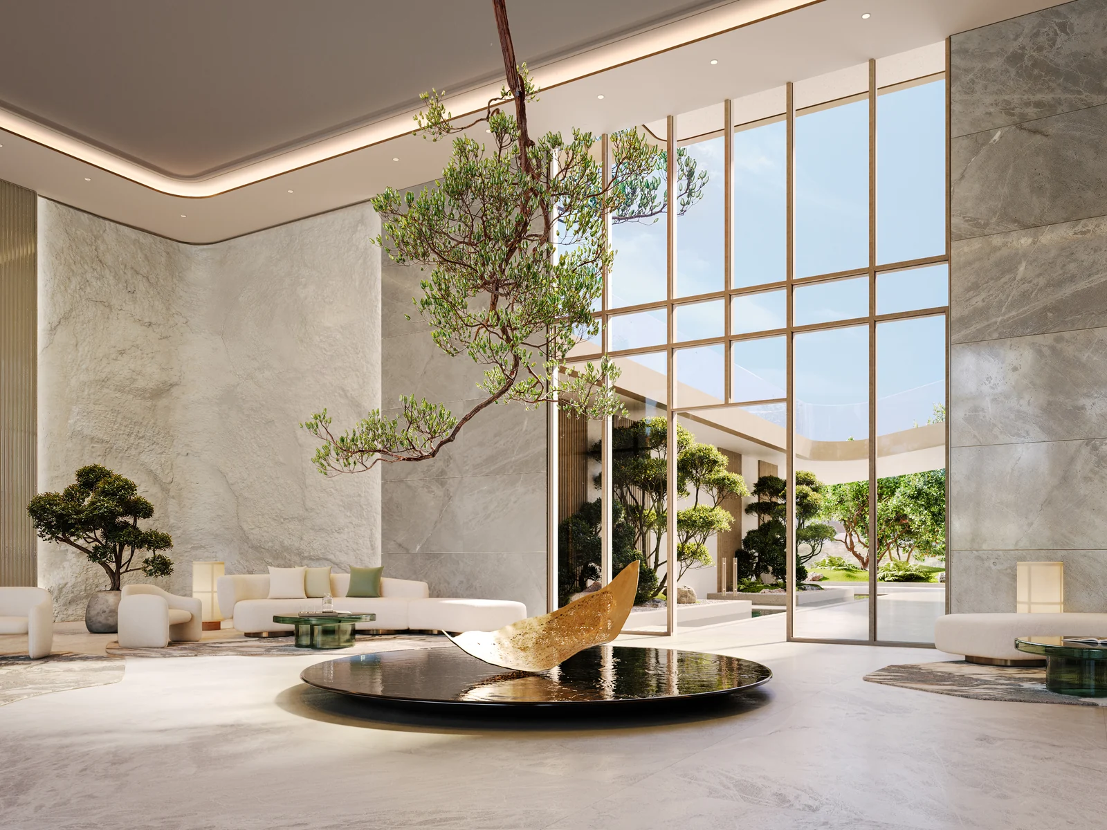 Hado, lobby entrance with marble and sculpture