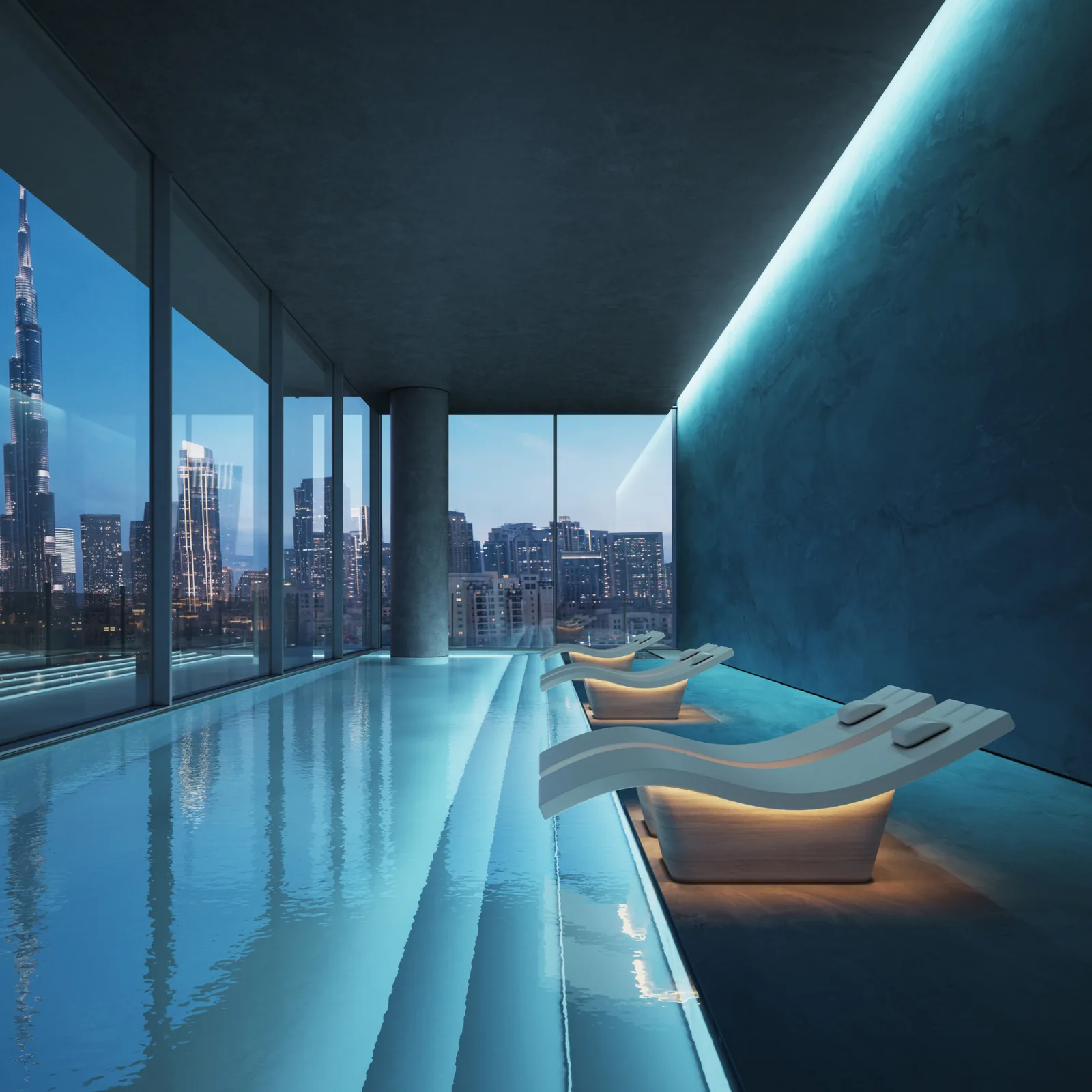 Inaura, indoor pool with skyline