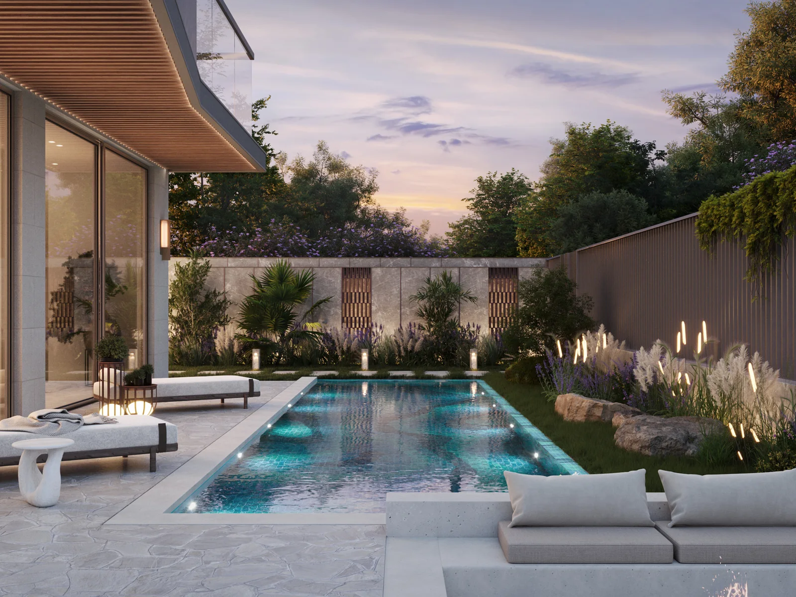 Knightsbridge, villa garden with pool and shaded terrace