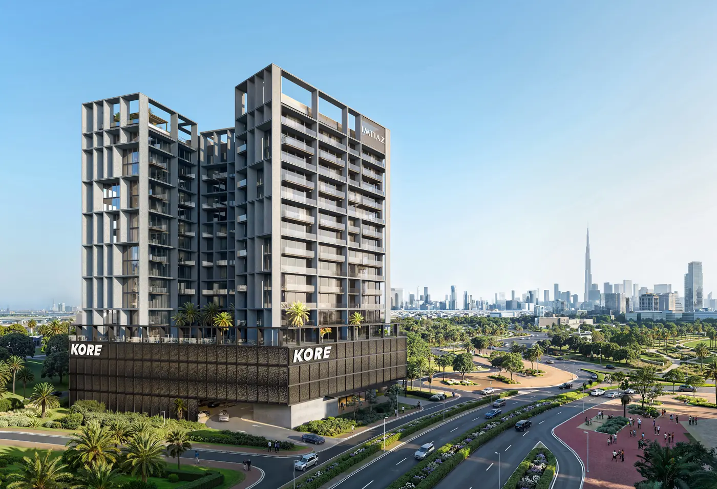 KORE by Imtiaz, Fassade mit Blick auf die Skyline