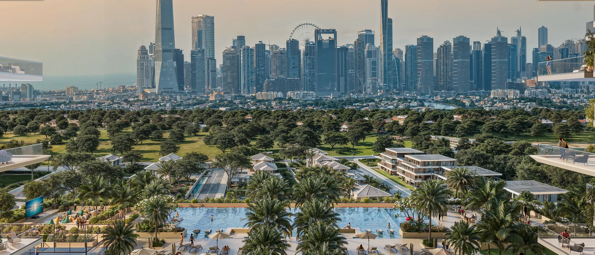 Sol Levante, Podium-Terrasse mit Skyline im Sonnenuntergang in Jumeirah Village Triangle