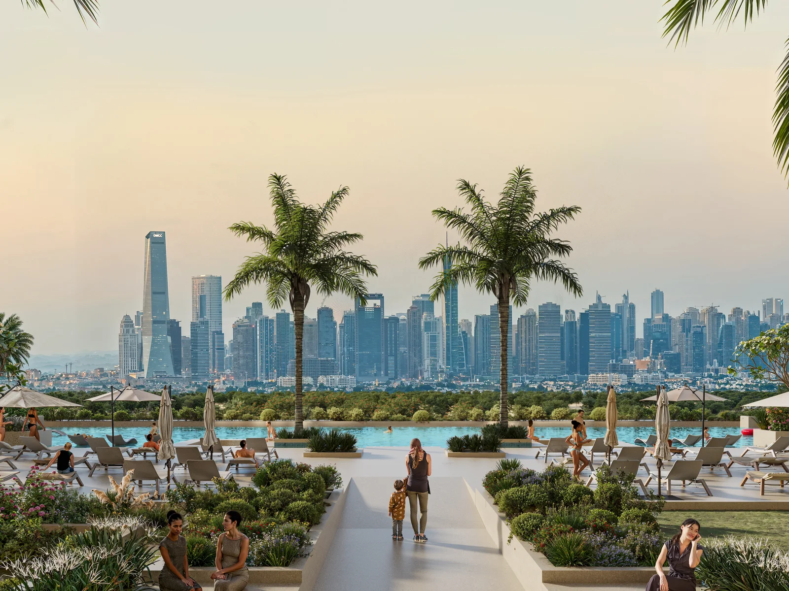 Sol Levante, Pool-Deck mit Blick auf die Dubai-Marina-Skyline im Sonnenuntergang