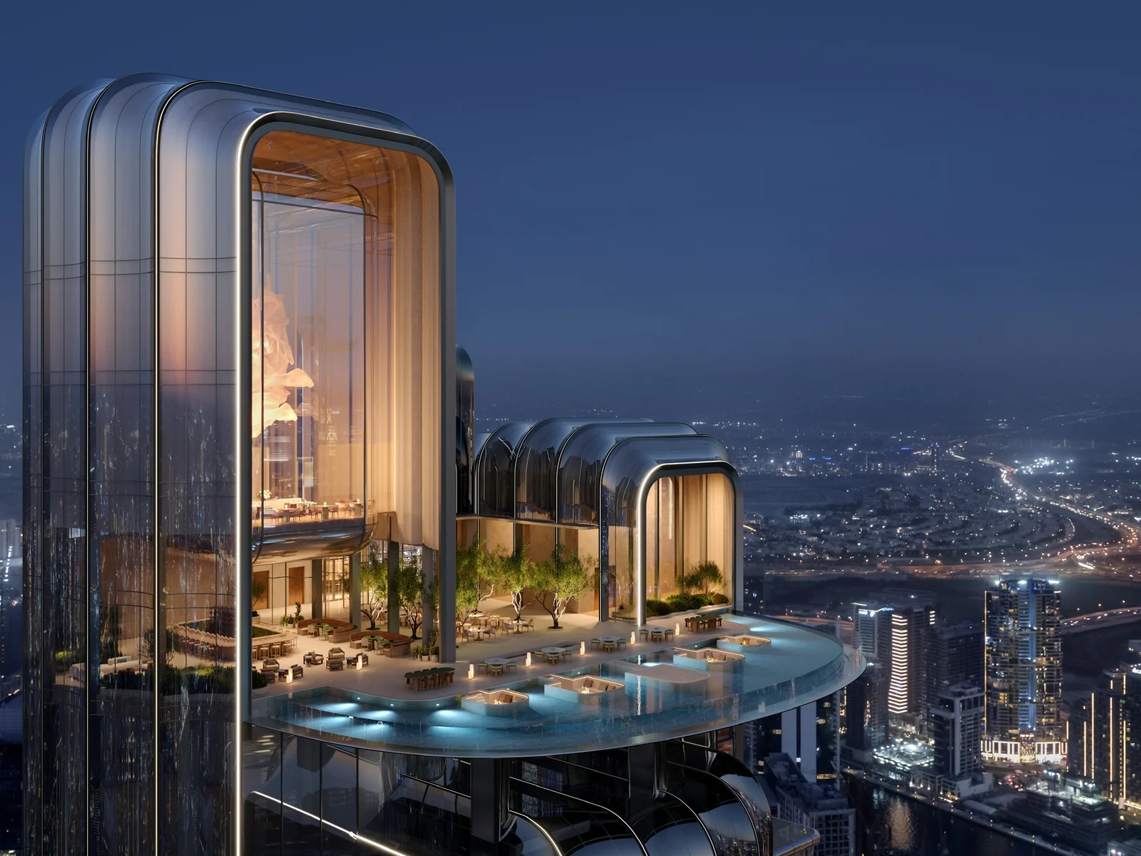 LUMENA ALTA, sky pool and hotel at the top by night
