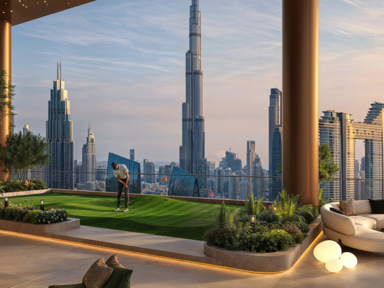Sol Luxe, Dachterrasse mit Mini-Golf und Blick auf den Burj Khalifa