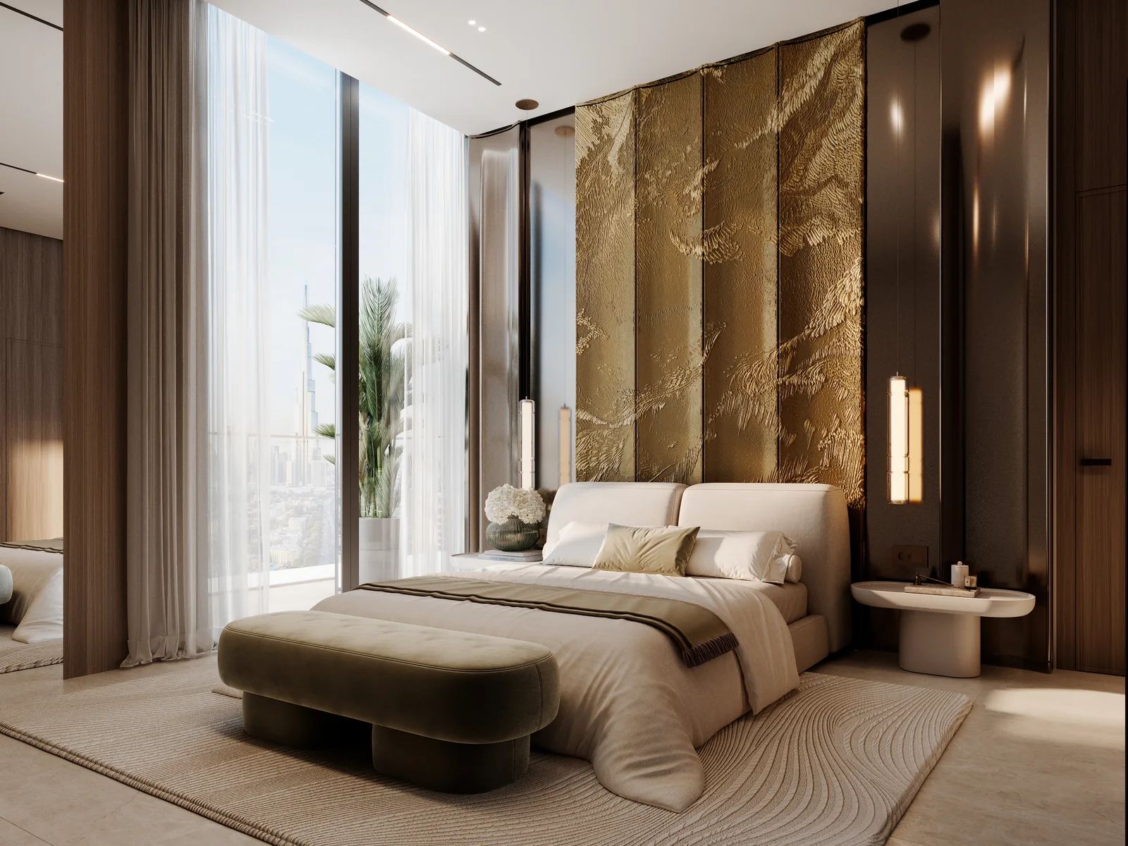 Binghatti Luxuria, Schlafzimmer mit Gold-Marmor-Wand und Ausblick
