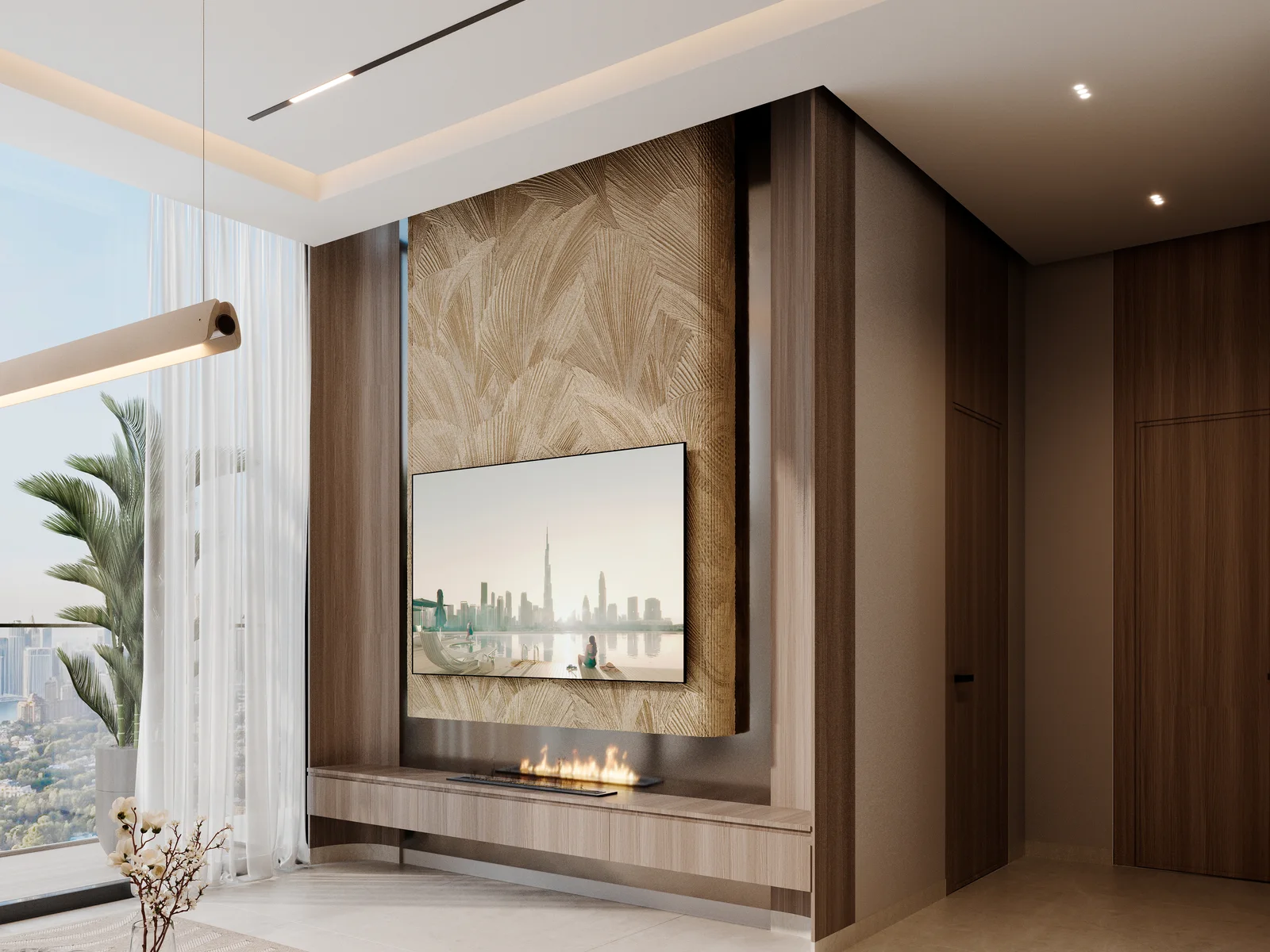 Binghatti Luxuria, Wohnbereich mit Kamin und Blick ins Gr&uuml;n