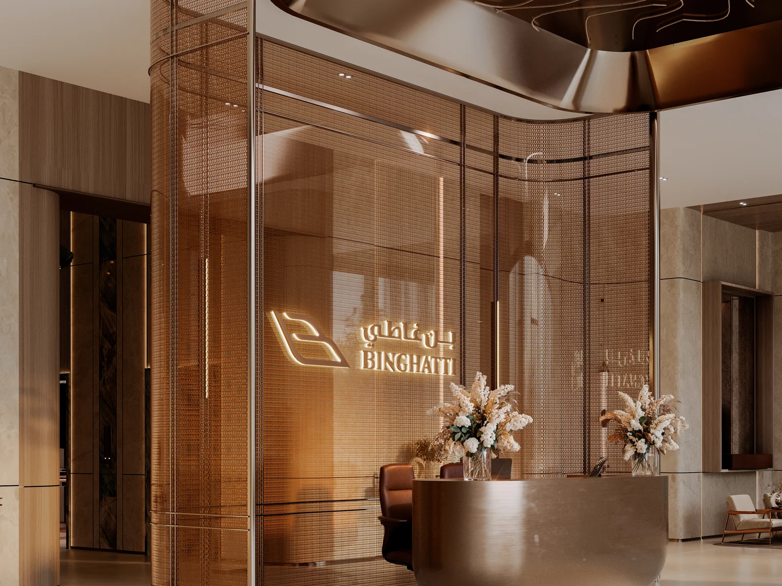 Binghatti Luxuria, Lobby mit Marmor- und Bronze-Details