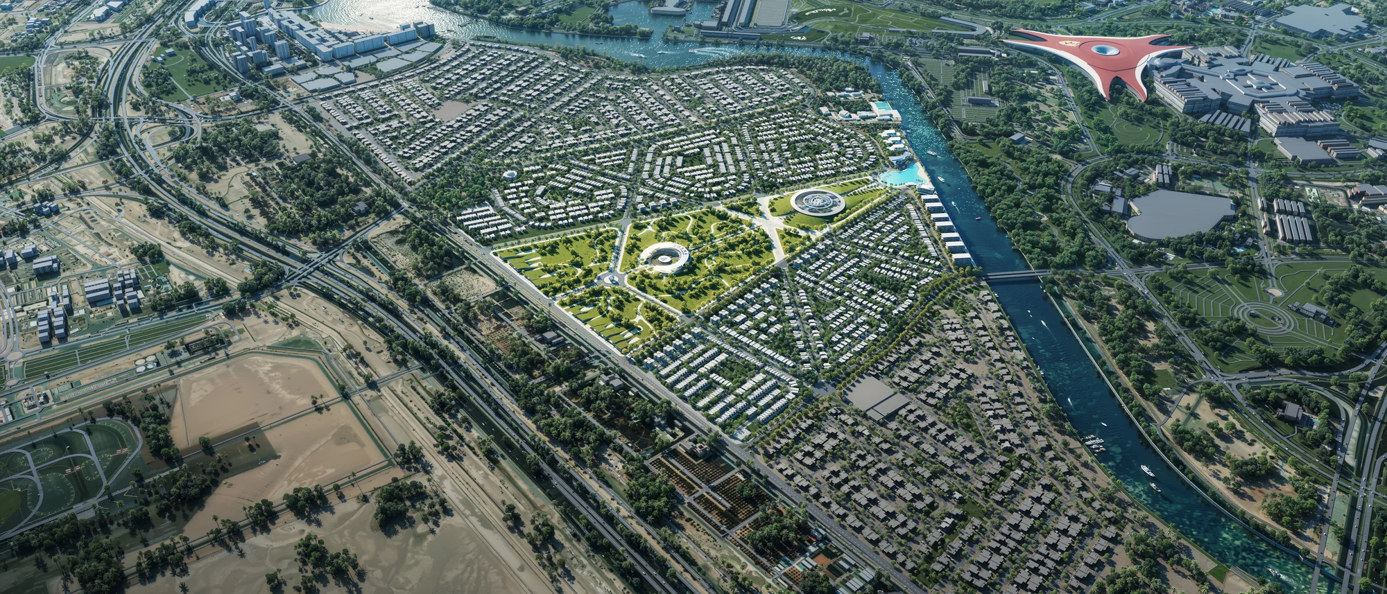 Manchester City Yas Residences, Luftbild der Waterfront-Community am Yas Canal