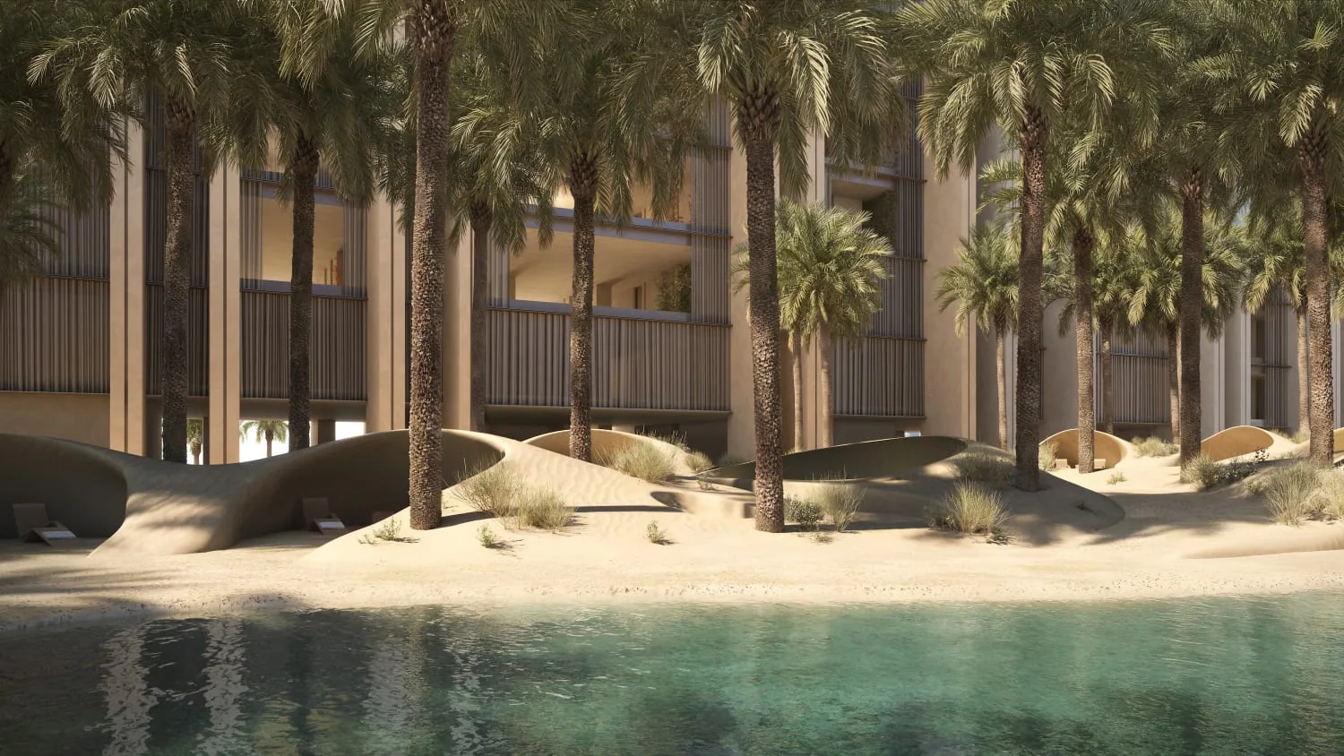 Erhöhter Pool mit Palmen und Sandlandschaft