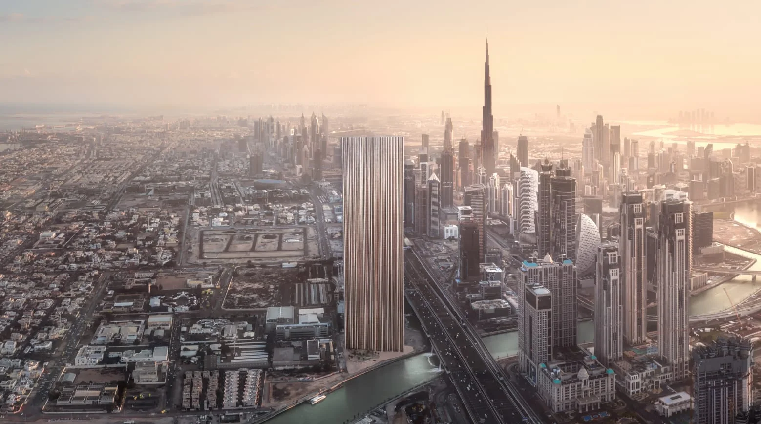 Blick über Dubai mit Burj Khalifa und dem Dubai Water Canal