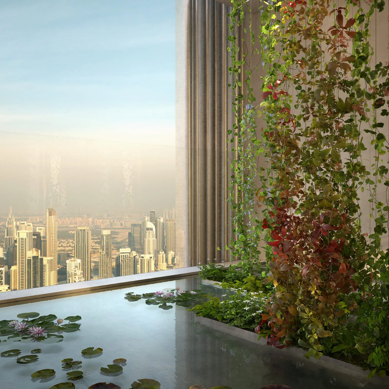 Private begrünte Terrasse mit Pool und Blick über Dubai
