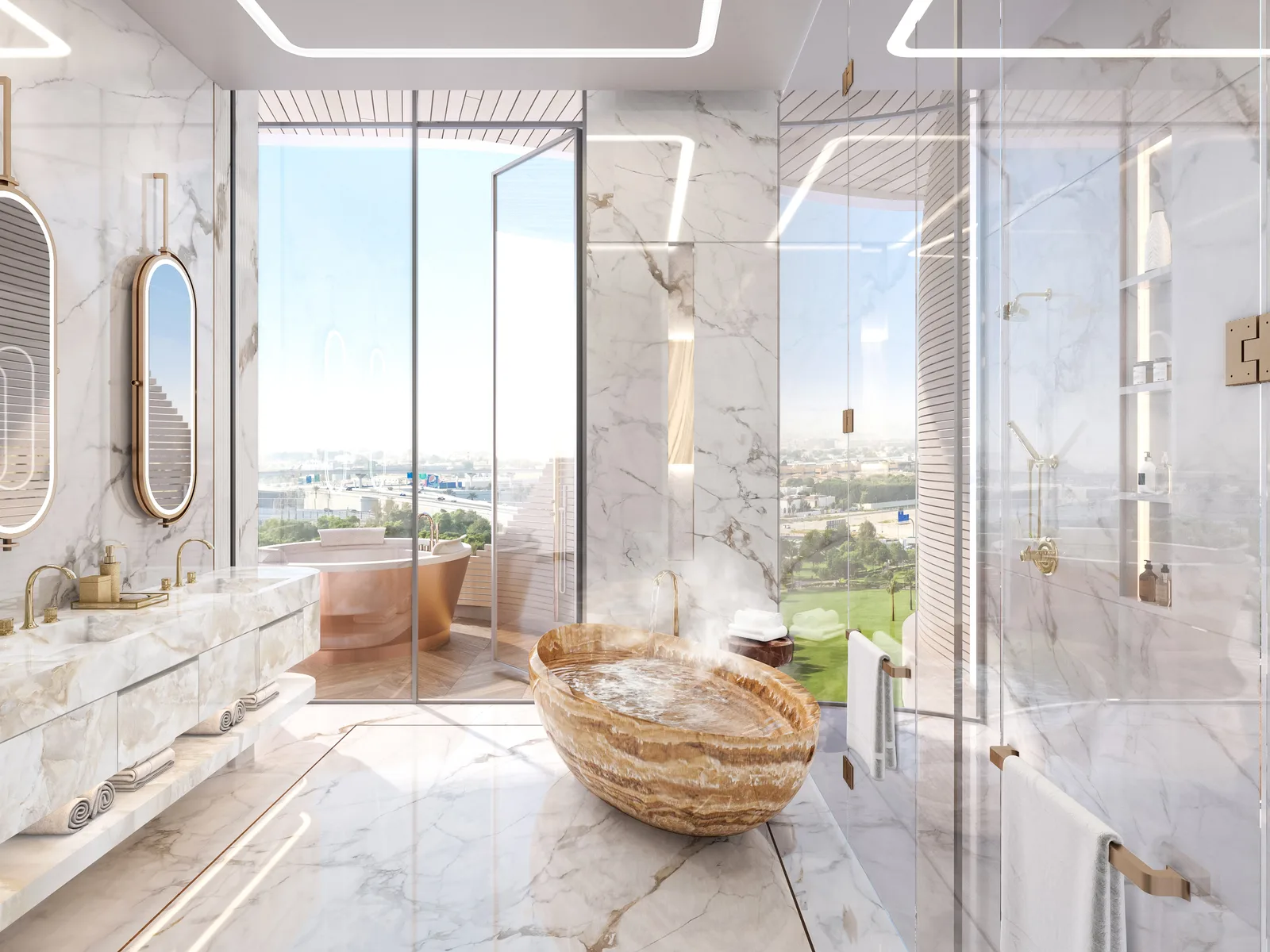 One Canal, master bathroom with Safa Park view