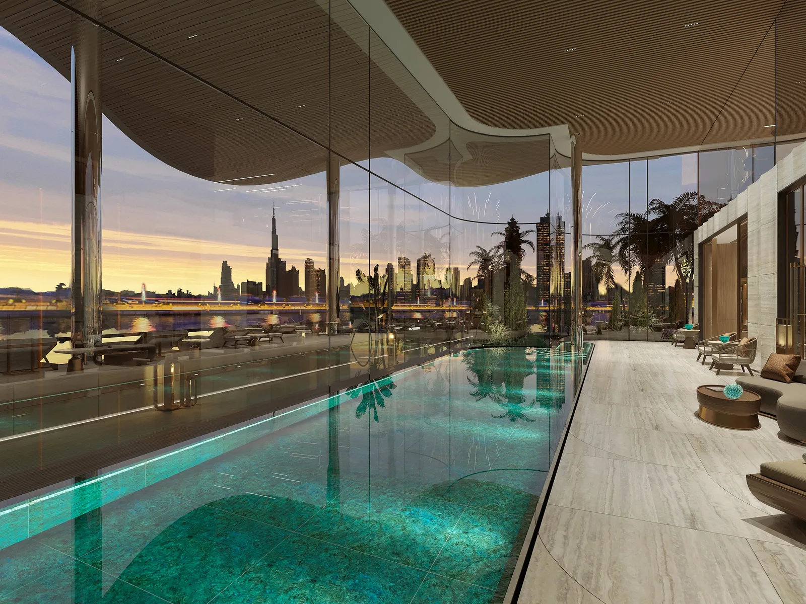 One Canal, pool level with Dubai skyline view