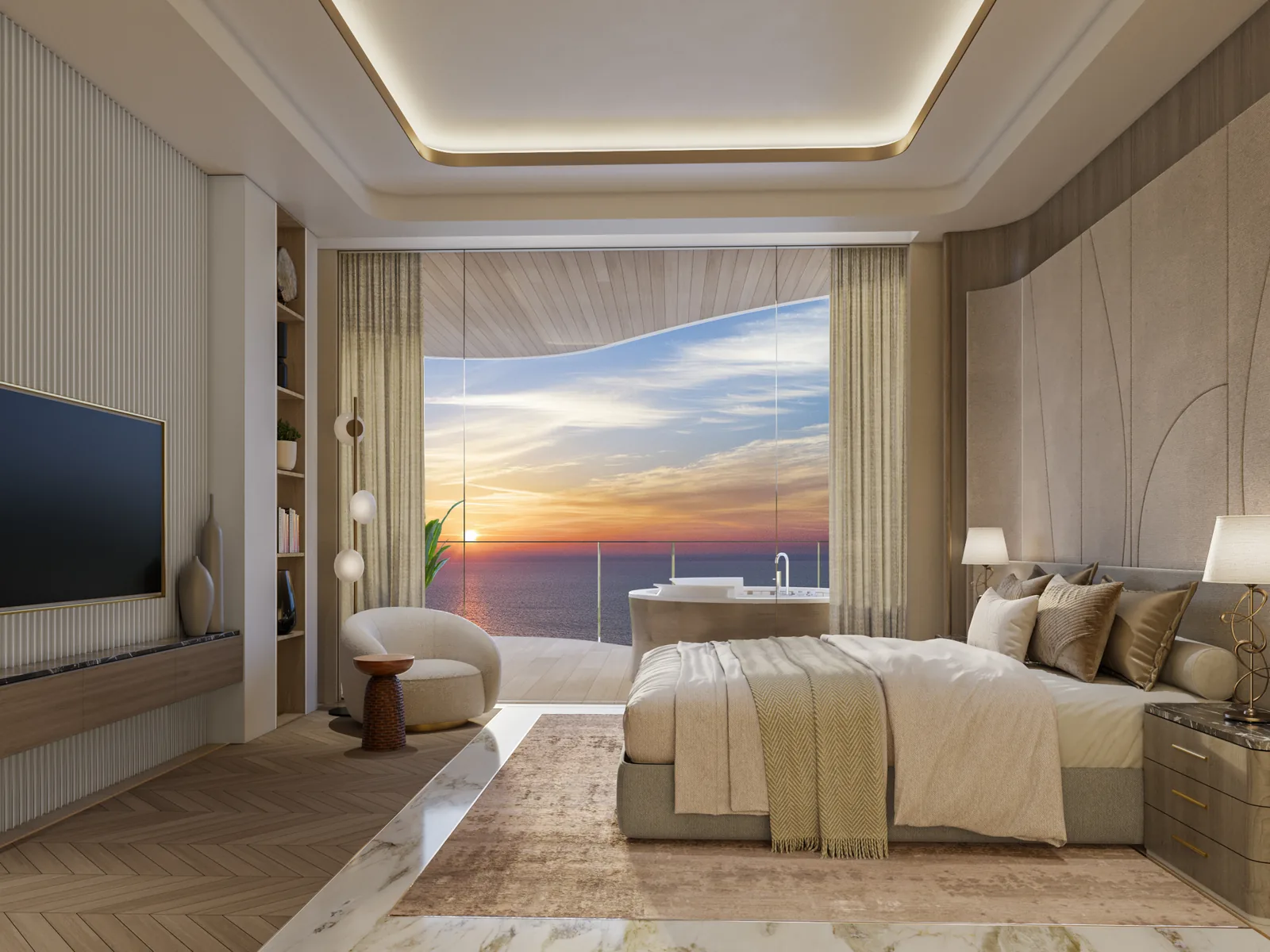 One Crescent, master bedroom with water view