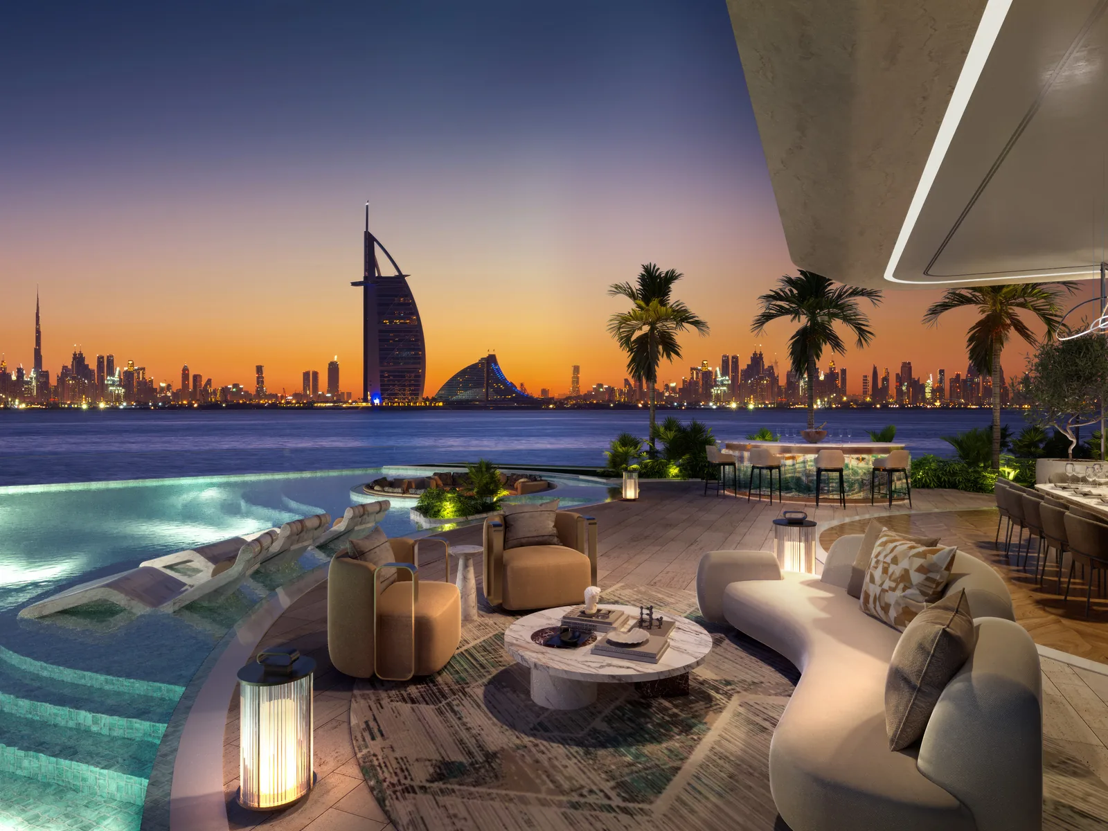 One Crescent, sky terrace with pool and views of Burj Al Arab and skyline