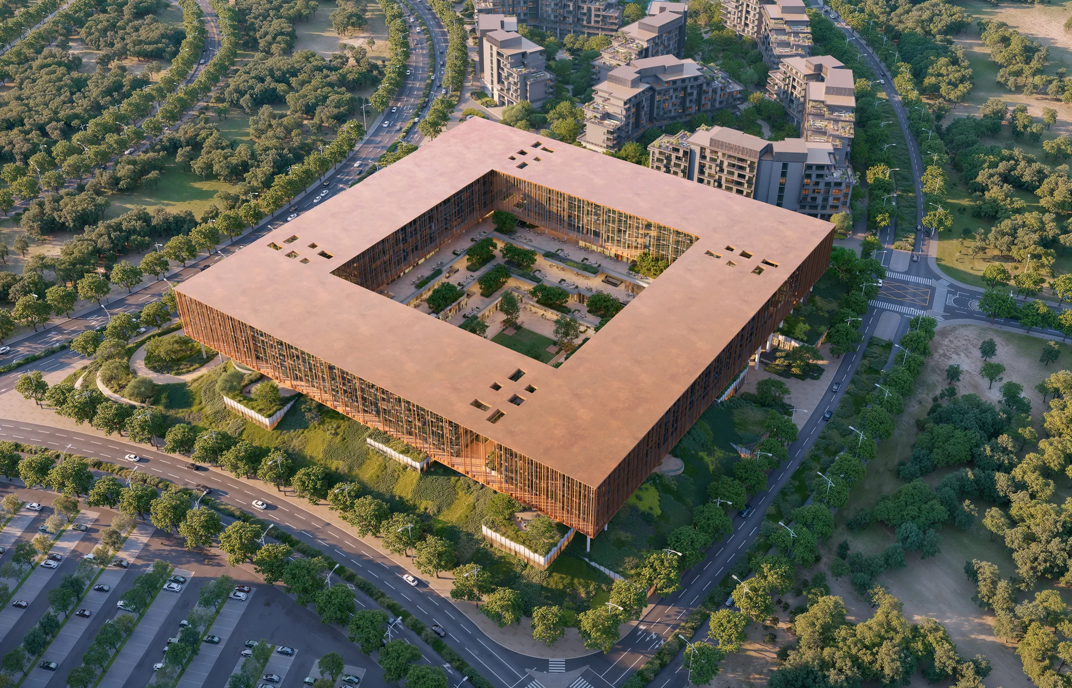 Luftaufnahme von Plaza the Yards, vier Office-Blöcke um einen begrünten Innenhof