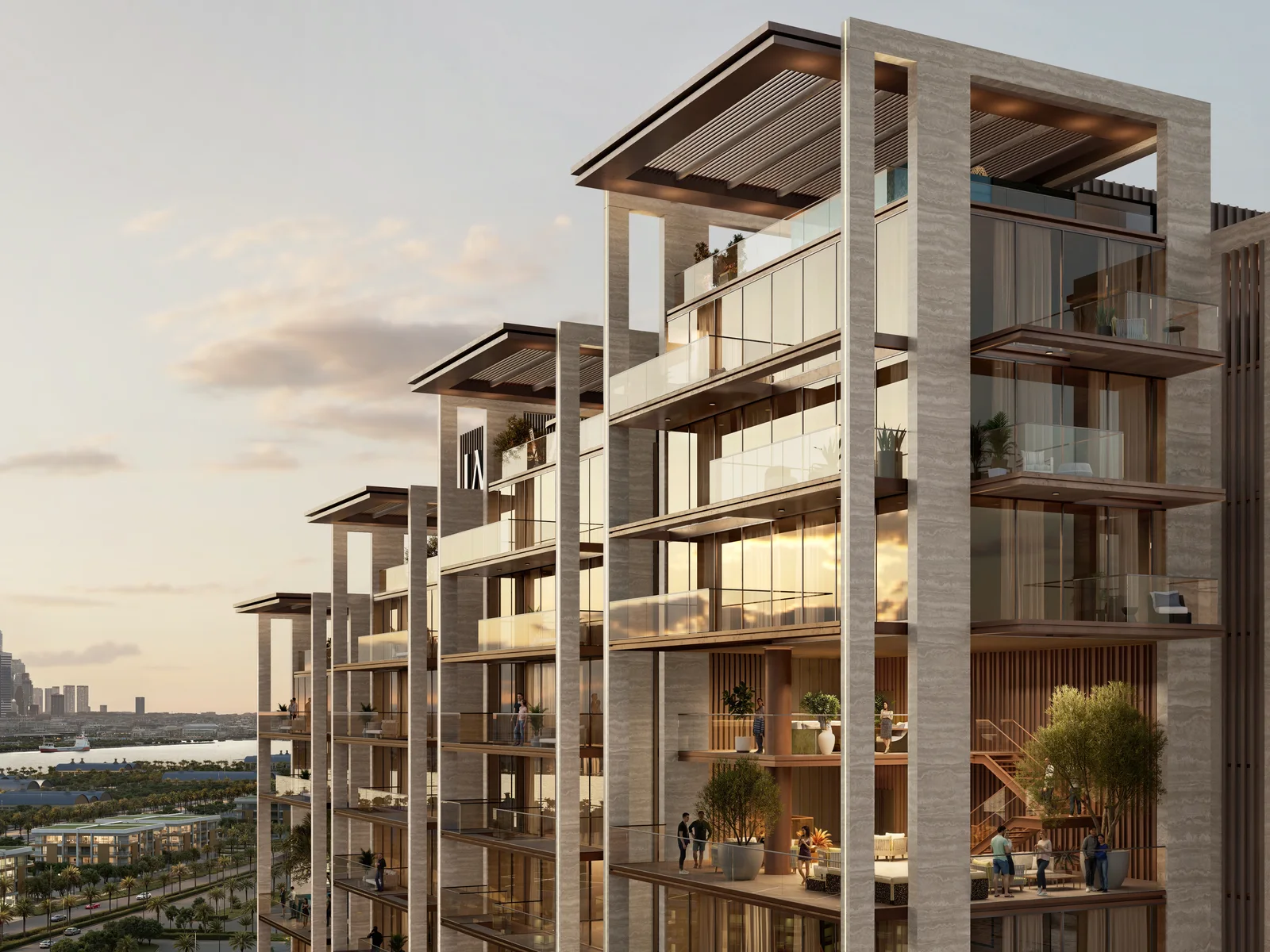 Sea Cliff by Imtiaz, geschichtete Fassade vor der Downtown-Skyline