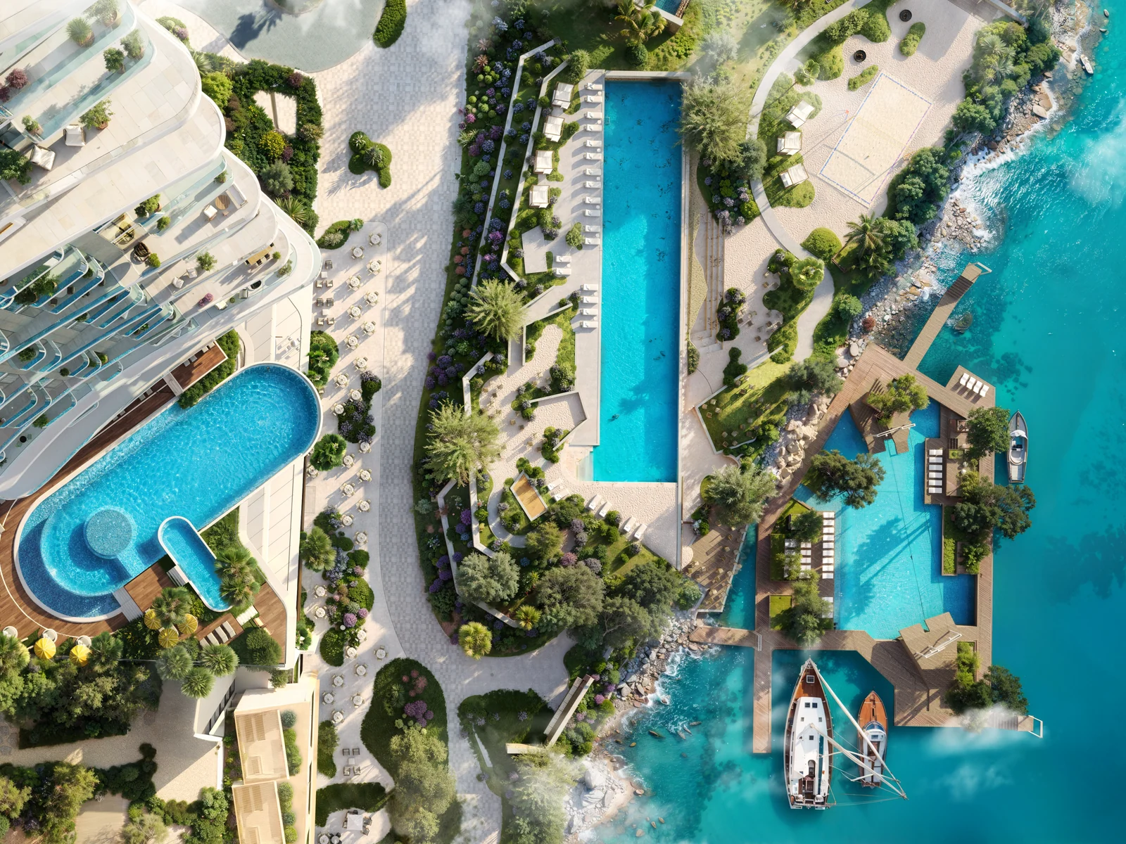 Sensia, Luftaufnahme des Turms mit Pools und Wasserlage in Dubai Maritime City