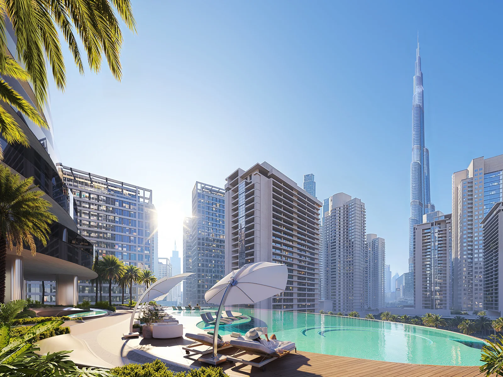 Binghatti Skyblade, Pool-Deck mit Blick auf den Burj Khalifa