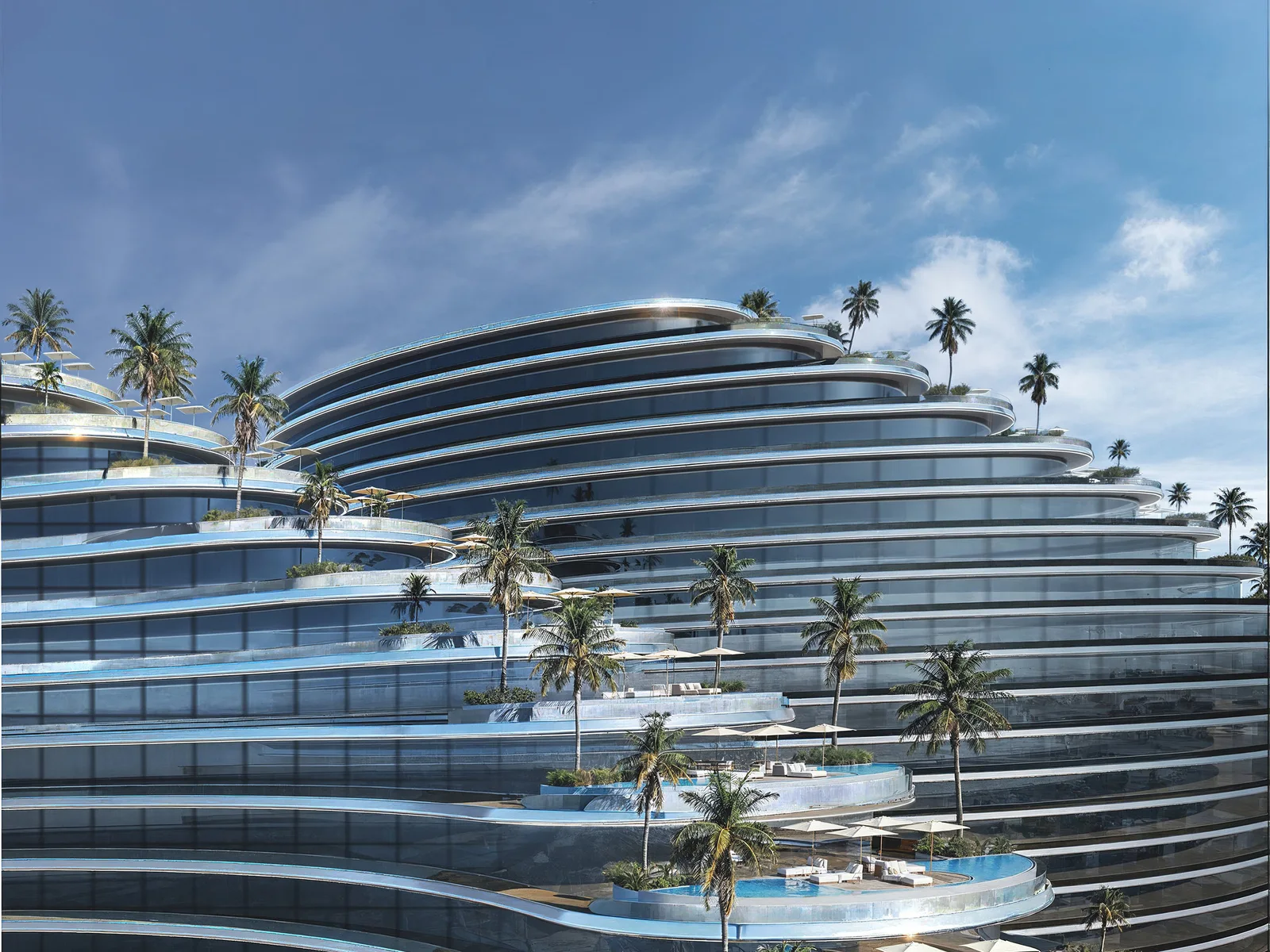 Binghatti Skyflame, Amenity-Ebene mit Pools und Terrassen